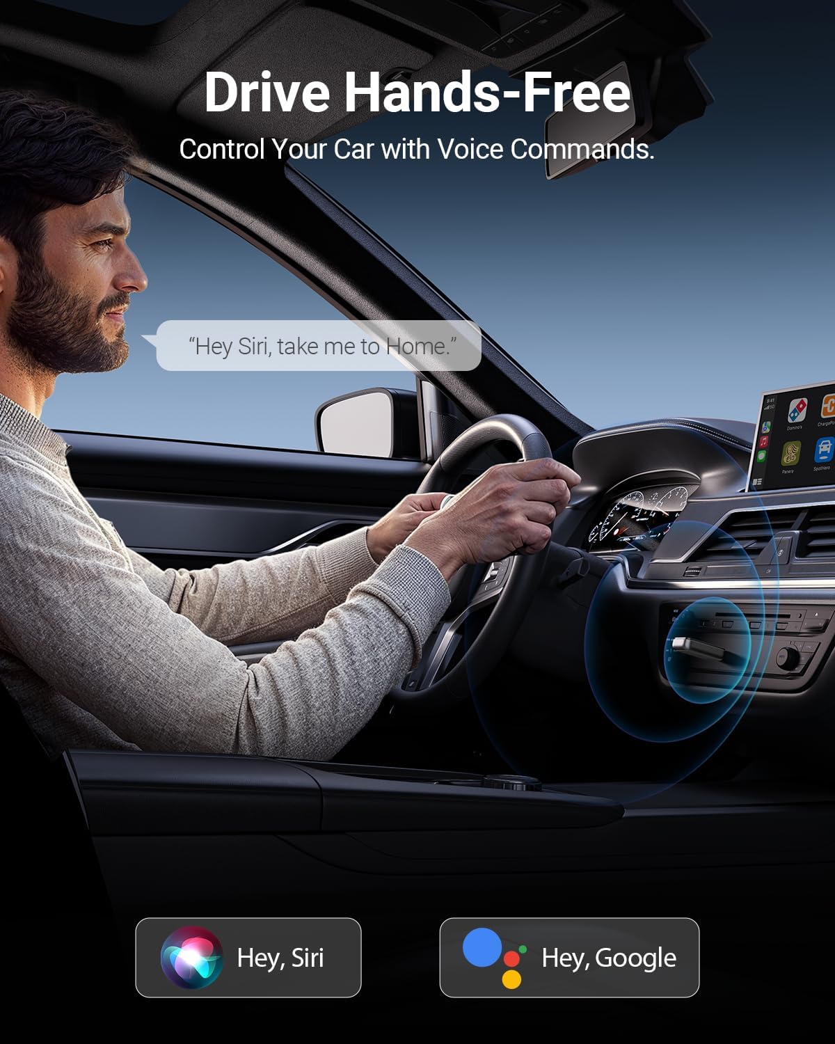 Driver using voice commands for hands-free control