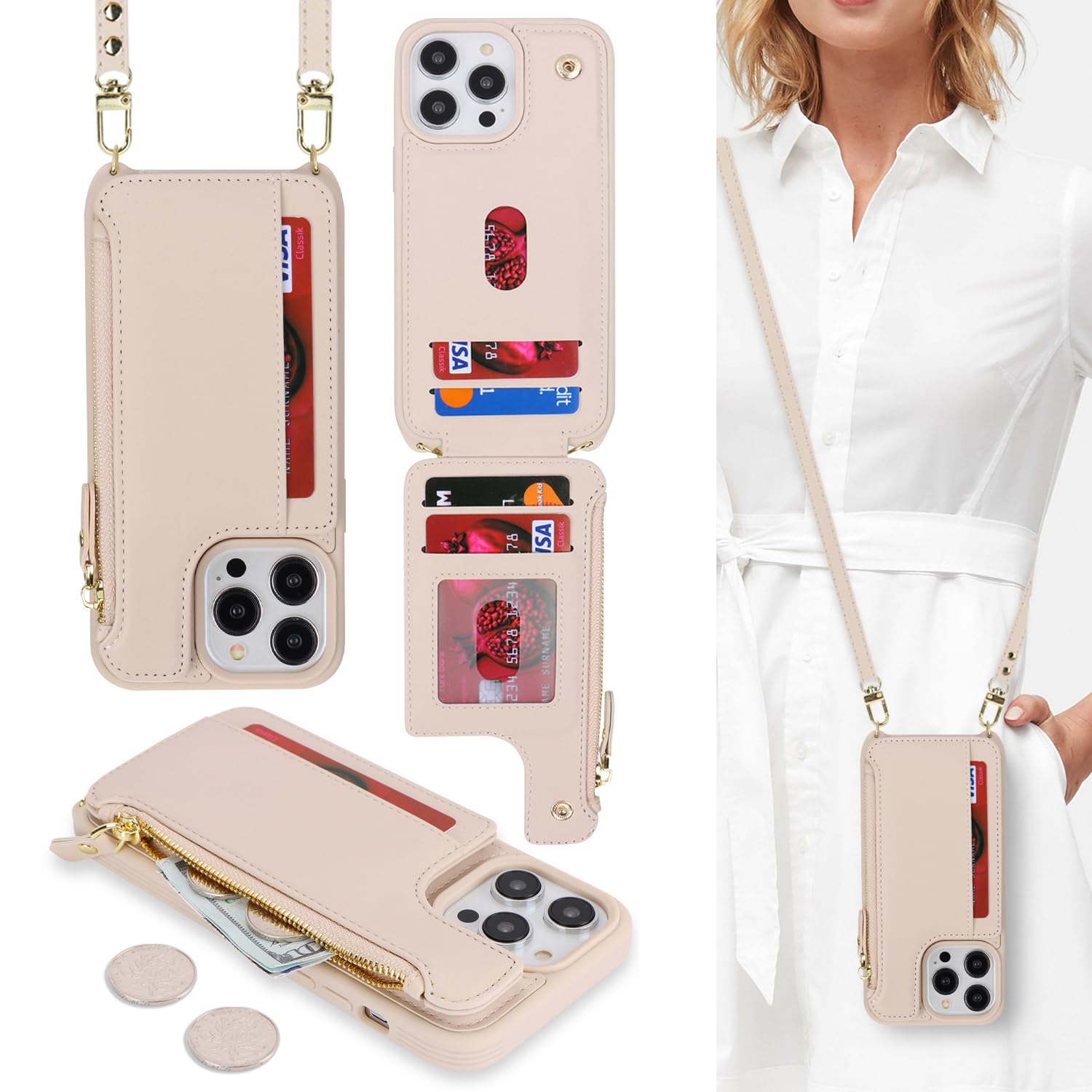 Cavor for iPhone 13 Pro Wallet Case with Card Holder for Women, for iPhone 13 Pro Phone Case with Strap,Crossbody Lanyard and Wristlet Zipper