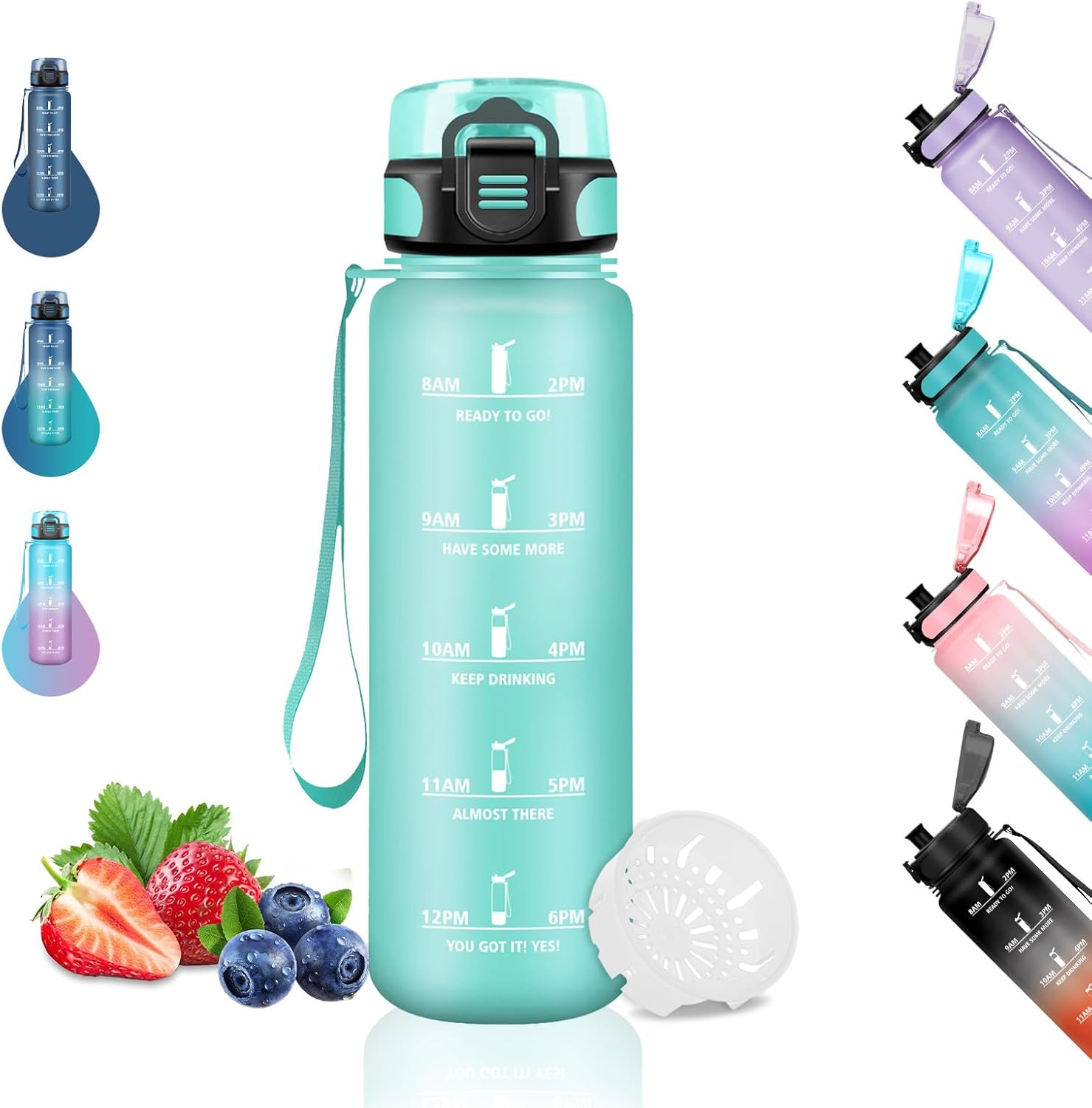 Children's Water Bottle, 500 ml, Leak-Proof Drinking Bottle with Filter, Water Bottle with Time Marking, Can Be Carried, Water Bottle for School, Office, Travel, Camping, Running, Green