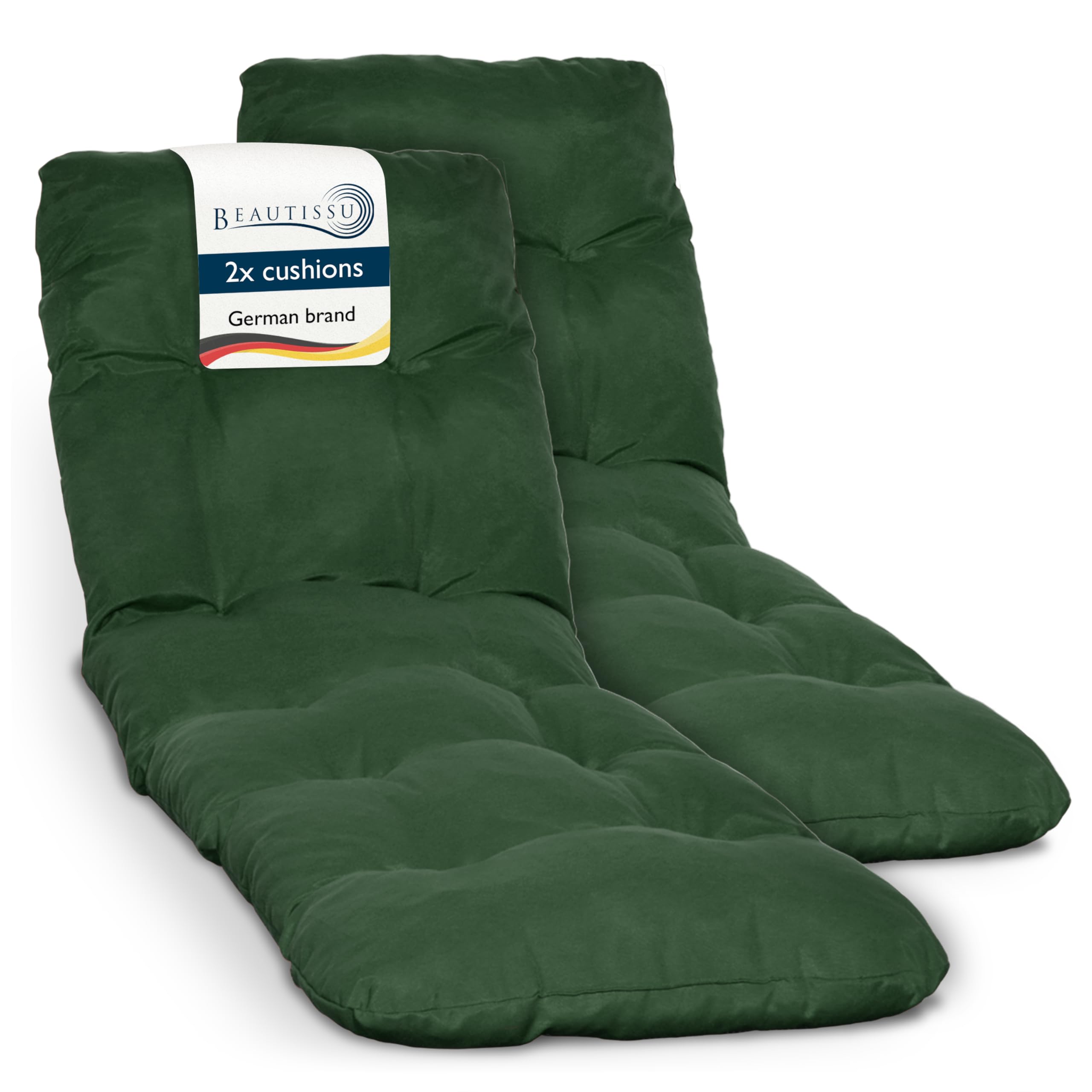 Beautissu 2x Padded Sun Lounger Cushion 190x60x8 cm – Dark Green Sunbed Pad as Relaxer Garden Recliner Cushions Steamer Chair – Flair RL