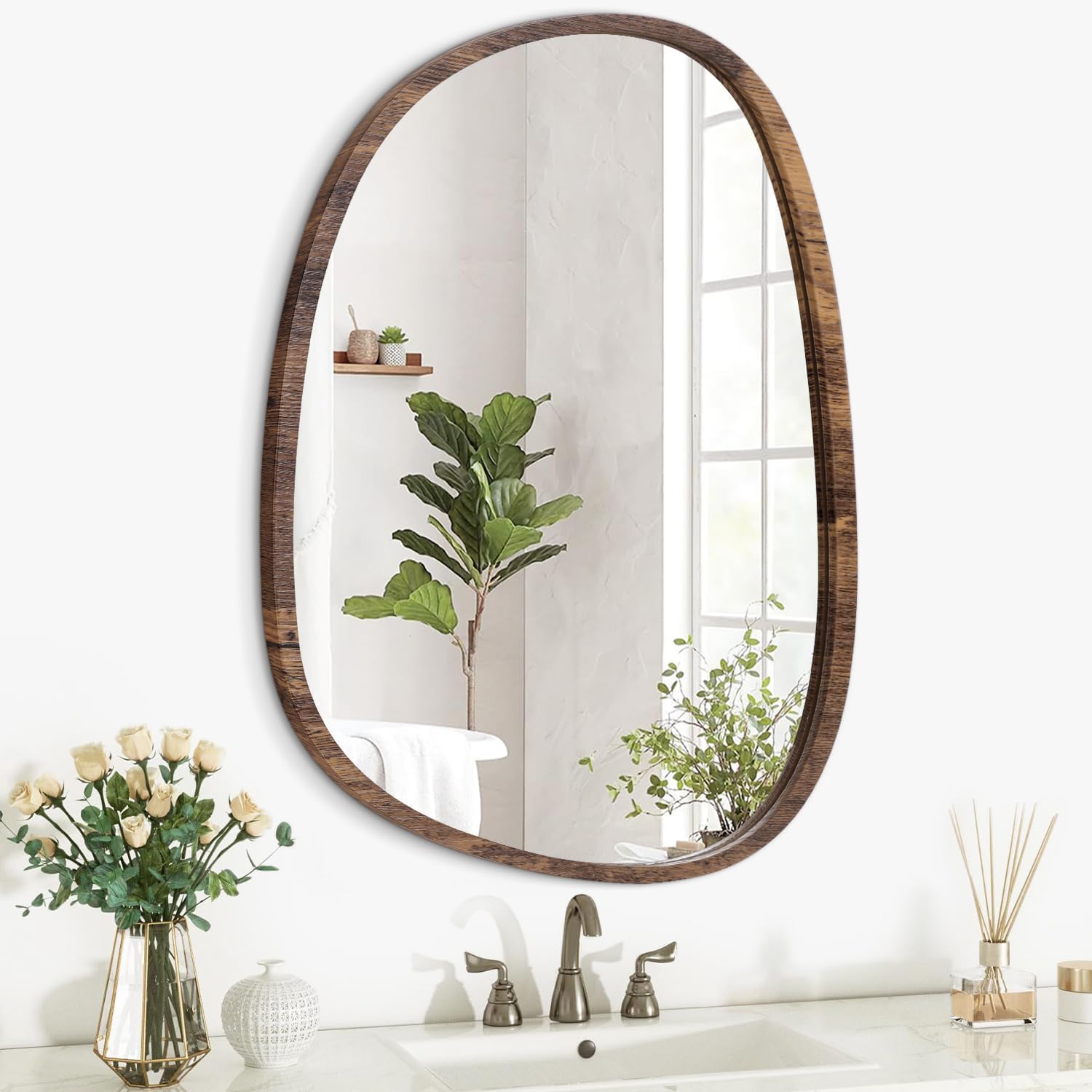 Lzuso Hanging Oval Mirror with Asymmetrical Wood Frame - Rustic Brown Modern Decor for Bedroom, Bathroom, Living Room, Entryway