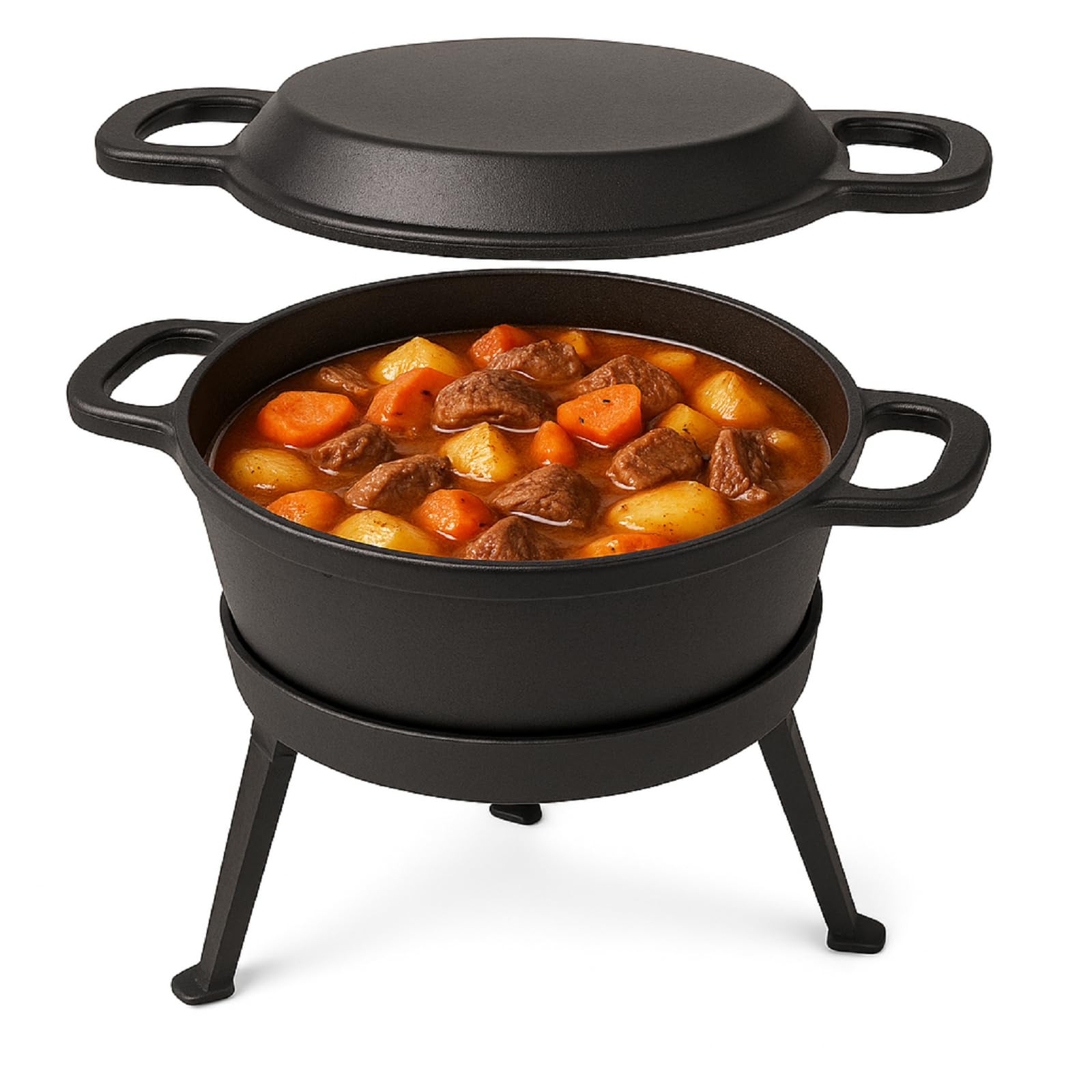 QLS Dutch Oven 10 L aus Gusseisen 3in1 mit Deckel für Camping Outdoor