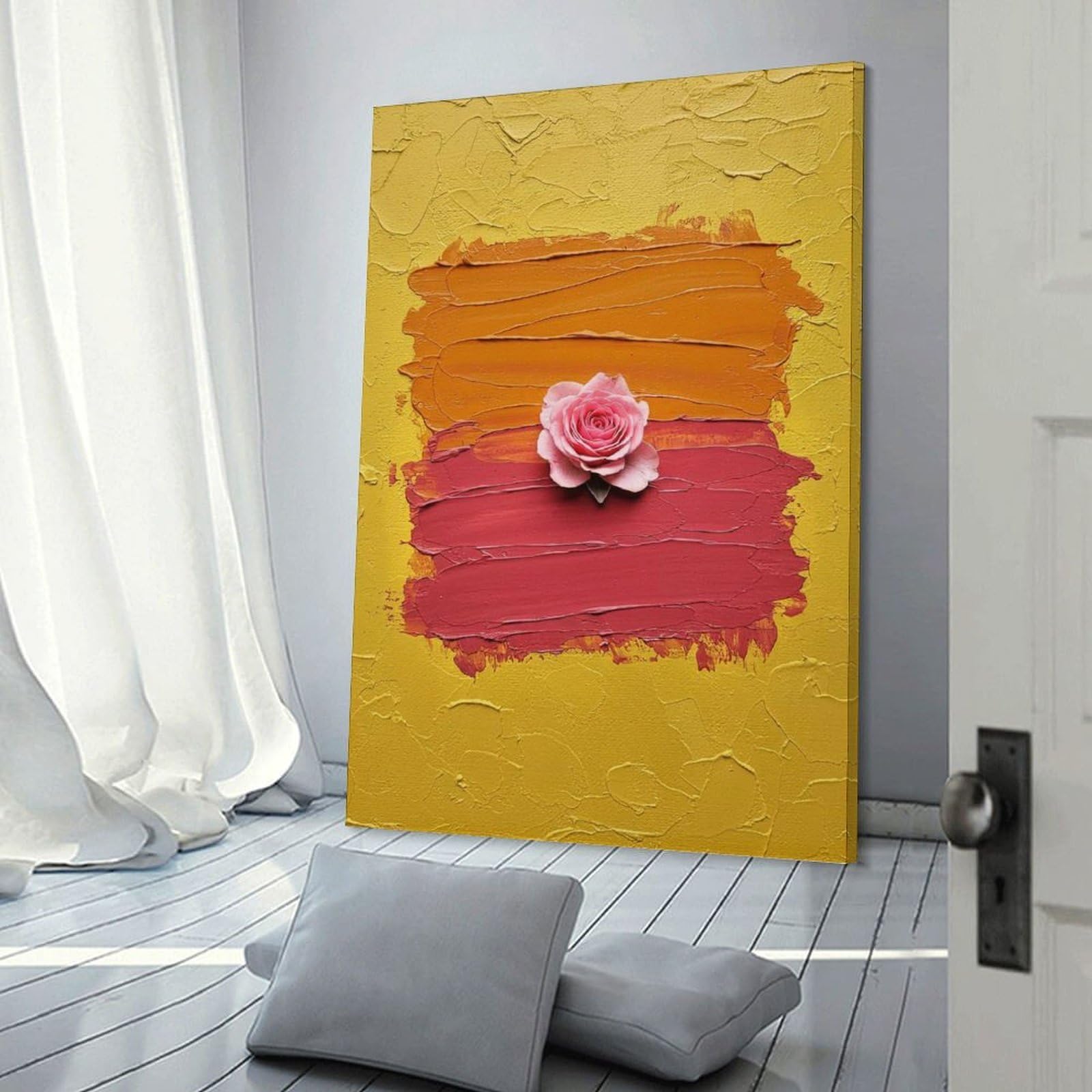 Junmoney Frame-Style Canvas Wall Decor Rose On Textured Paint Background, 24X36inch(60X90cm), For Home Lounge, Bedroom Or Reading Nook, Eye Catching Artwork For Blank Walls
