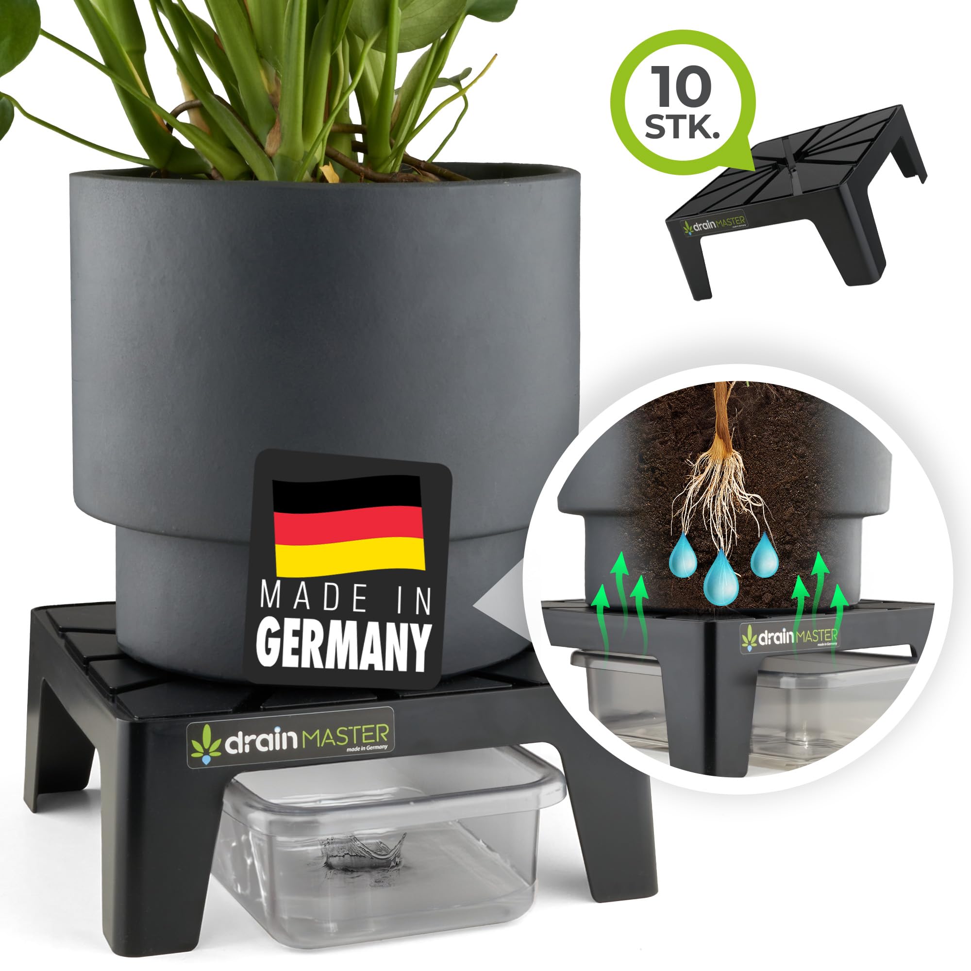 Zestaw 10 szt. wraz z wannami – podstawki na doniczkę – 24 cm x 24 cm – do użytku wewnątrz i na zewnątrz – materiał pochodzący z recyklingu – idealne do namiotu do upraw – Made in