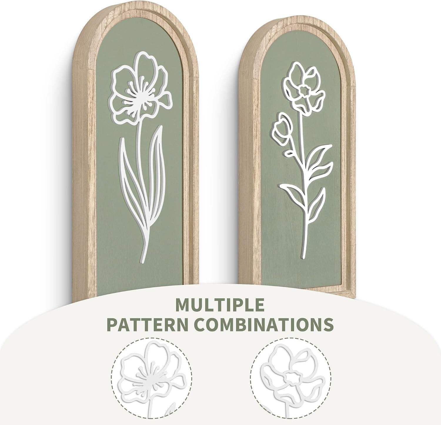Sage Green Bathroom Wall Decor Set of 2, Arched 3D Wooden Floral Wall Art | Raised white floral cutouts in arched frames, ready to hang; rustic boho farmhouse decor for bedrooms, hallways and entryways