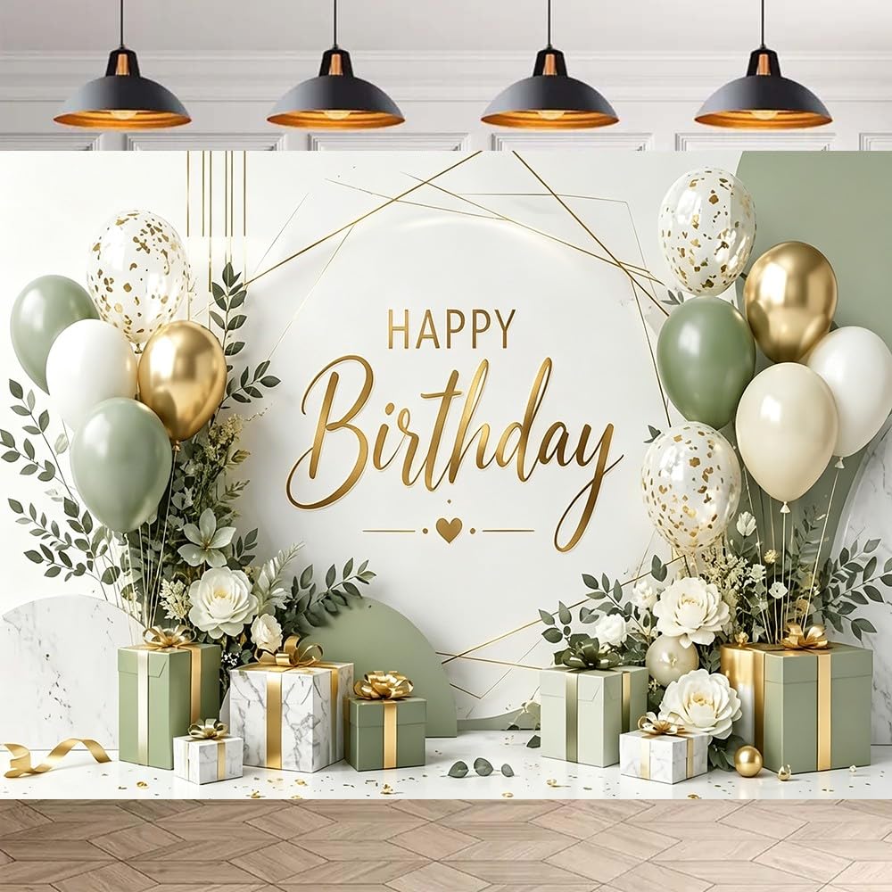 Toile de fond pour anniversaire Motif floral marbré Vert sauge