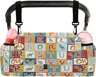 CUPADA Universal Baby Stroller Organizer Bag Funny Alphabet Cute Dinosaurs, Stroller Organizers with Insulated Cup Holders Cartoon Detachable Shoulder Strap Storage Carrying Diaper and Snacks