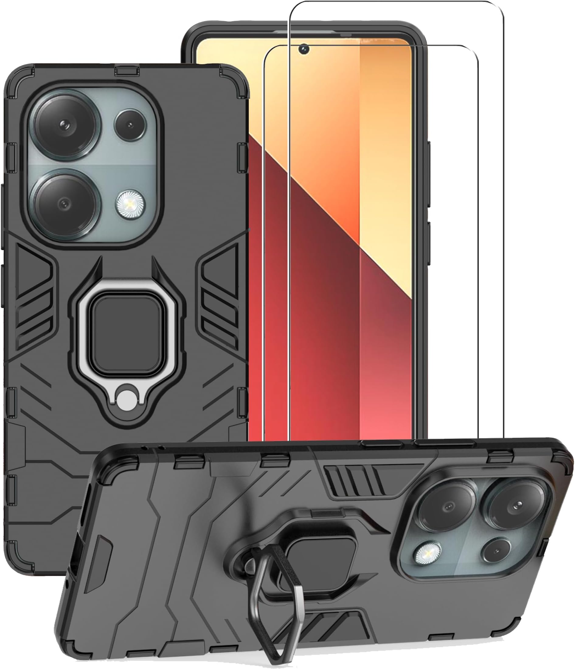 Phone Case for Xiaomi Poco M6 Pro 4G Case with Glass Screen Protector [2 Pack] Heavy Duty Dual Layer Military Grade Shockproof Protective Cover with Magnetic Ring Kickstand - Black