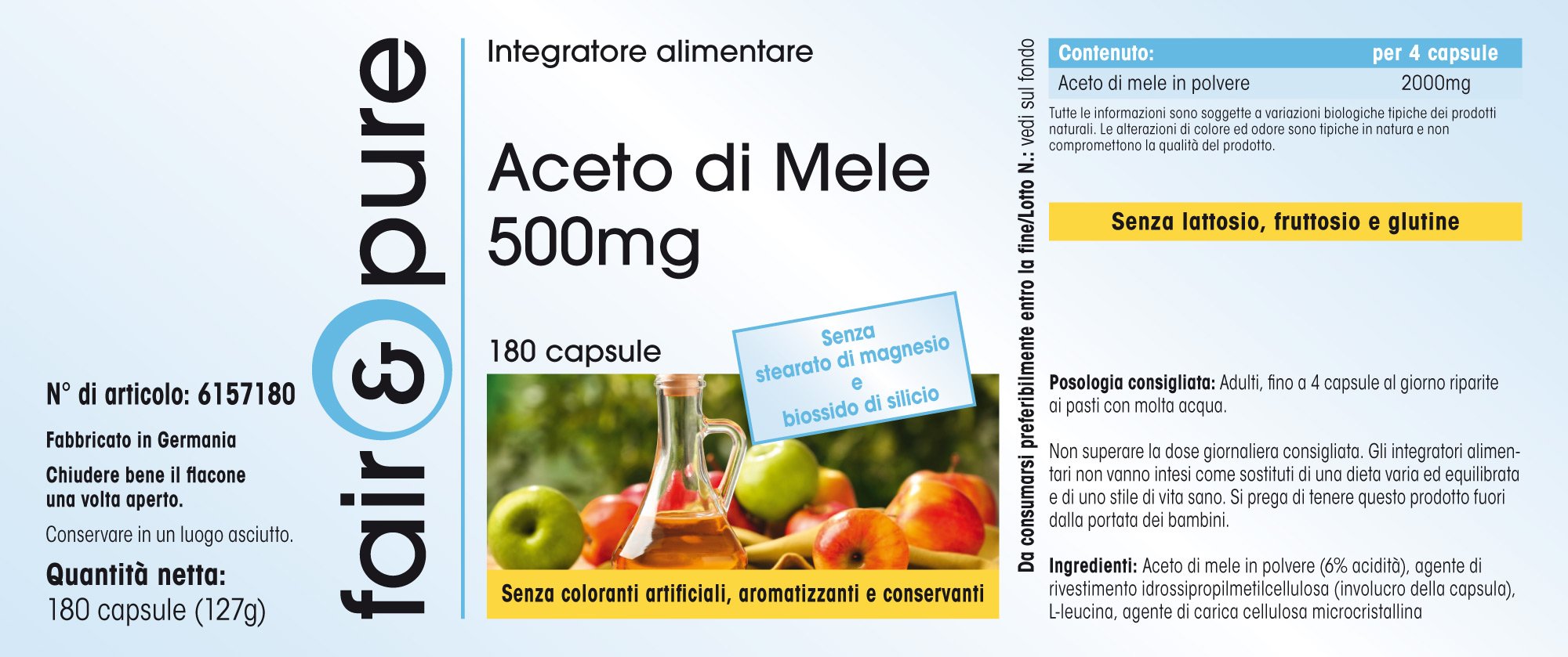 Fair & Pure® - Capsules de Vinaigre de Cidre 2000 mg par dose journalière - Vegan - Haut dosage - 180 capsules