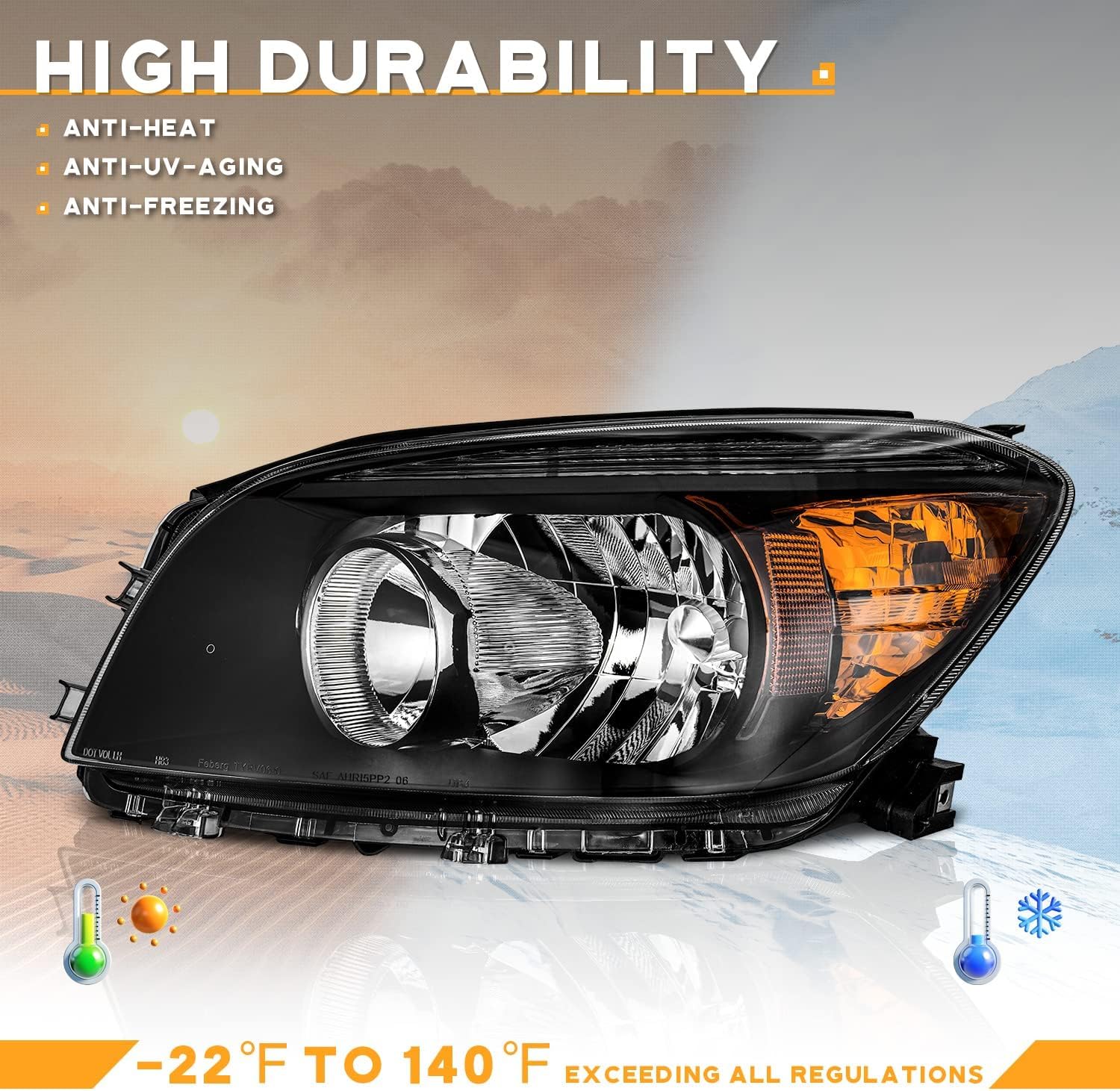 WEELMOTO for 2006-2008 Toyota RAV4 Headlights Replacement for 06 07 08 RAV4 Headlight Assembly Headlamp Pair Halogen Black Housing Amber Reflector