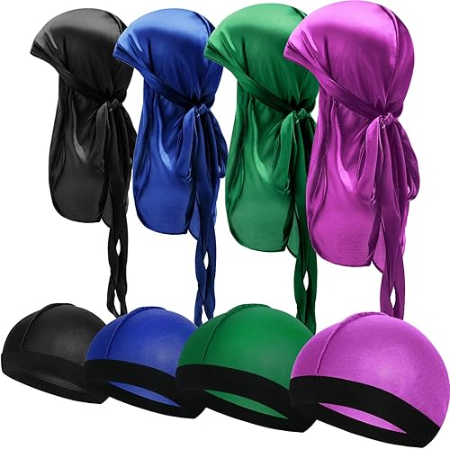 8 gorras de seda Durag con ondas elásticas para la cabeza, cola larga, correas anchas