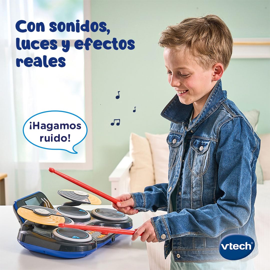 VTech - Kidi DJ Drums, 10 w 1 elektroniczny zestaw perkusyjny dla dzieci z podświetlanymi podkładkami, spodkami, pałeczkami, Bluetooth, nauką i grami, prezent dla dzieci +6 lat, wersja hiszpańska