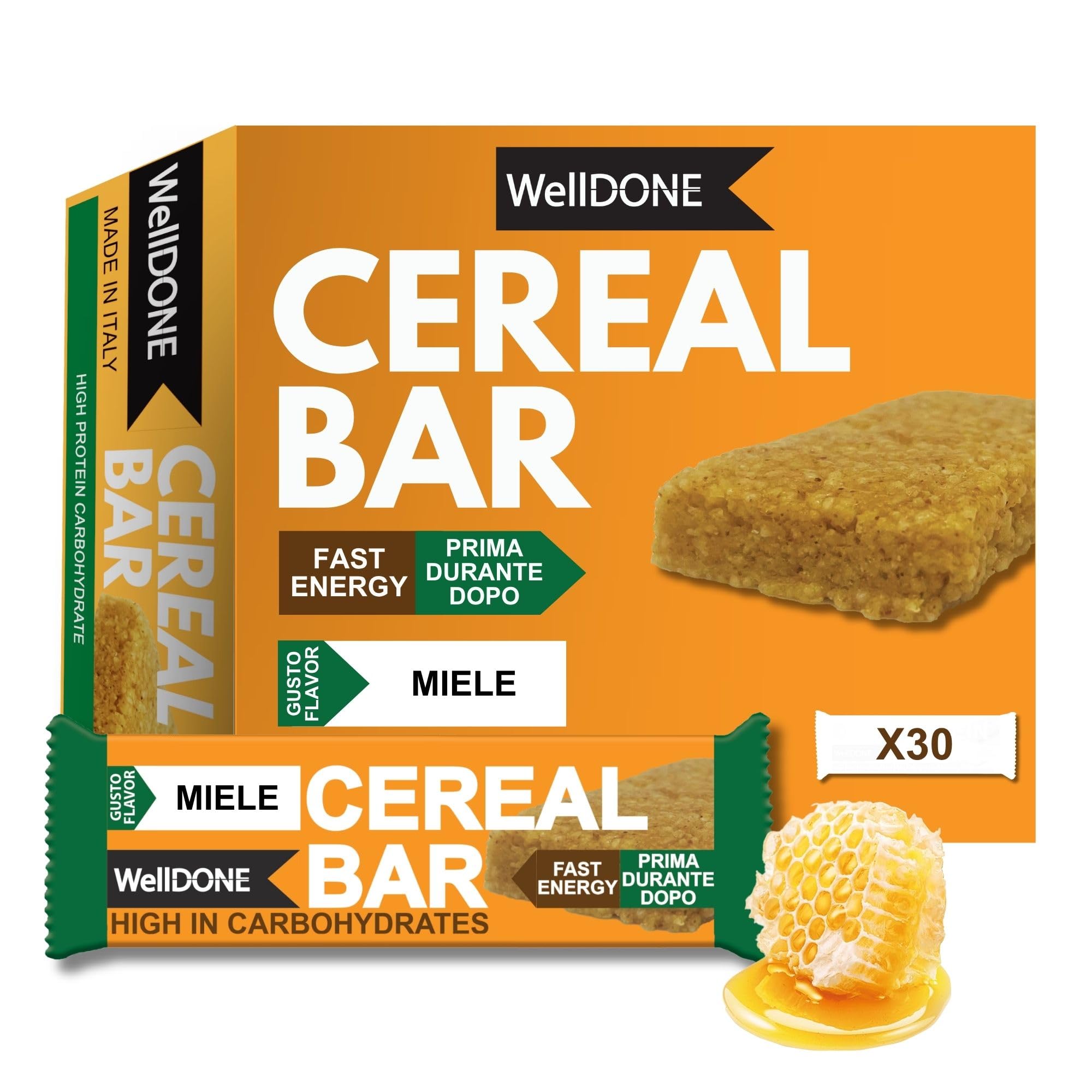 WellDONE, Cereal Crunch Bar Gusto Miele, Barrette Energetiche Made in Italy, Alto Contenuto di Carboidrati, Snack Goloso Anche per Intolleranti al Lattosio, 30 Barrette da 40g