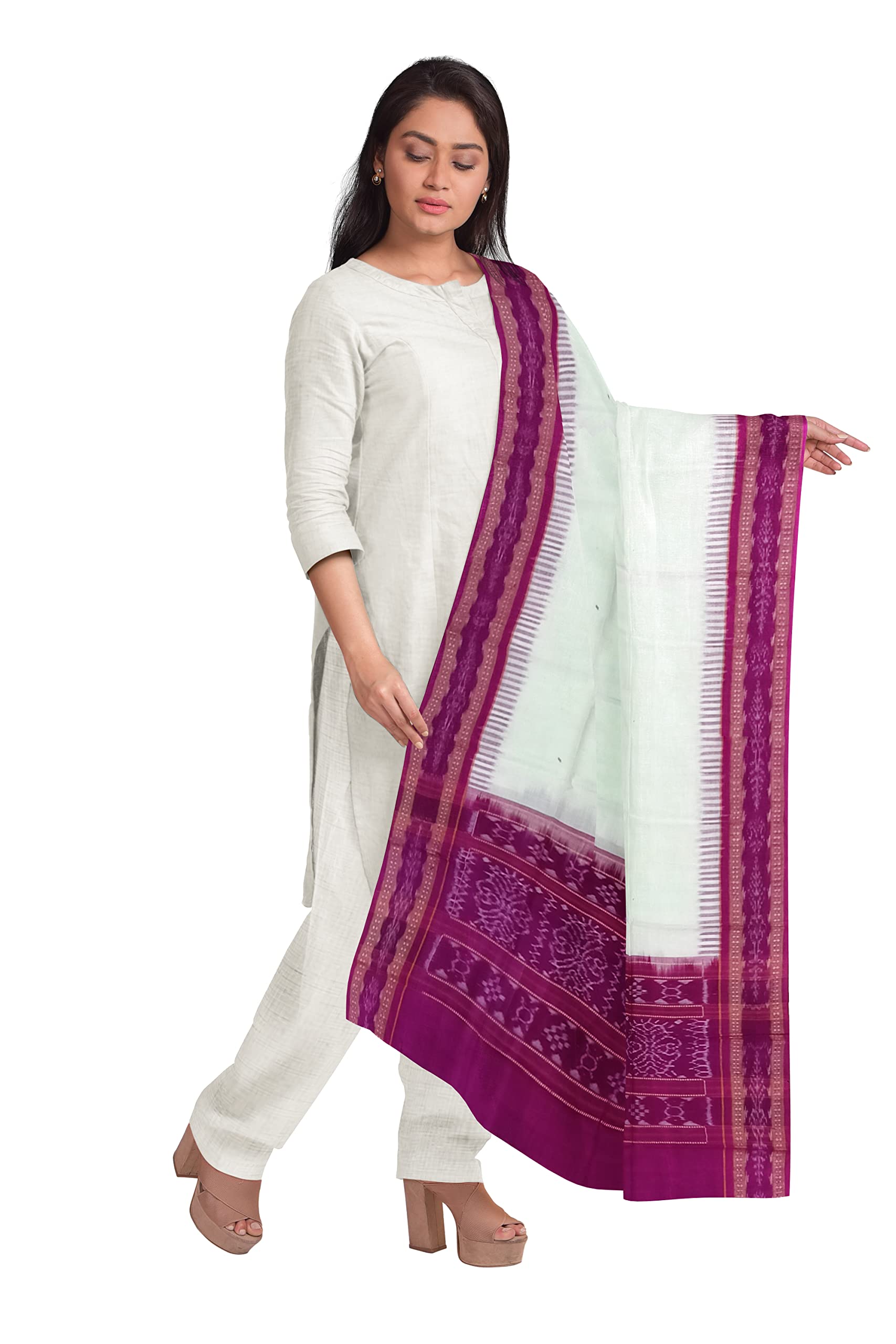 pritisree Women's Solid Sambalpuri Cotton Dupatta with weaving and Ikat woven border from the Weavers of Odisha Temple Border & Ikkat Ladies Girls & Women -39-picture-54