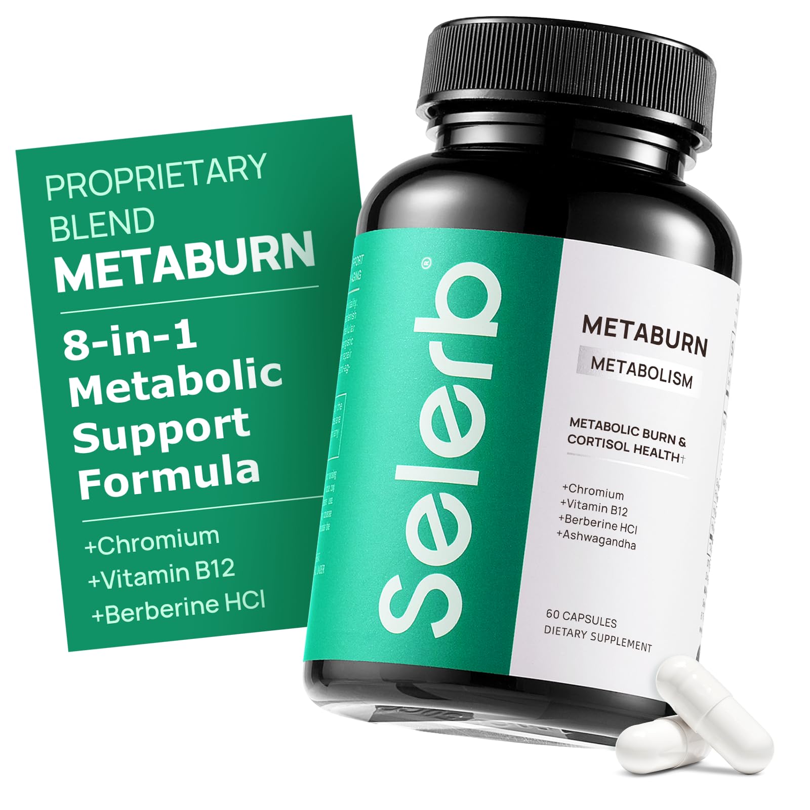 Selerb Suplemento para controle de peso com berberina, cromo, chá-verde e vitamina B12, 60 cápsulas