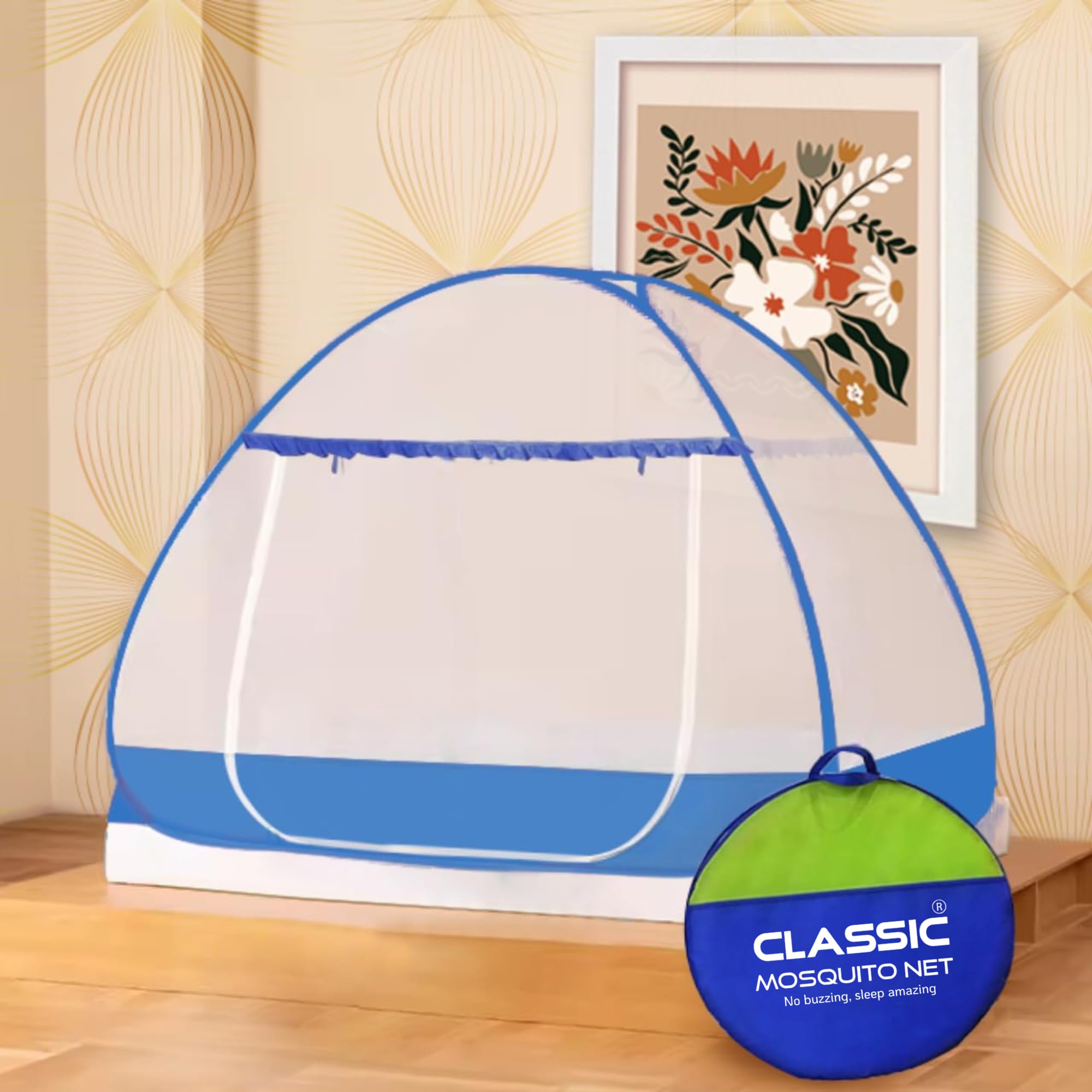Classic Mosquito Net for Single Bed | Foldable Premium Machardani | Extra Mosquito Protection | Polyester 30GSM Strong Net | PVC Coated Corrosion Resistant Steel Wire - Blue