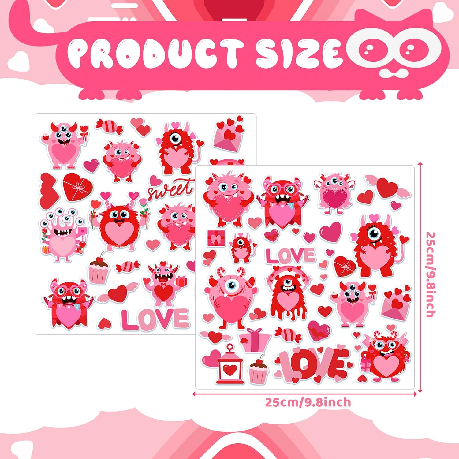 Cholemy 68 Pcs Valentine's Day Window Gel Clings Monster Thick Gel Clings Removable Reusable Pink Valentines Day Heart Monster Window Stickers for Glass Home Classroom Wedding Valentine Party Decor