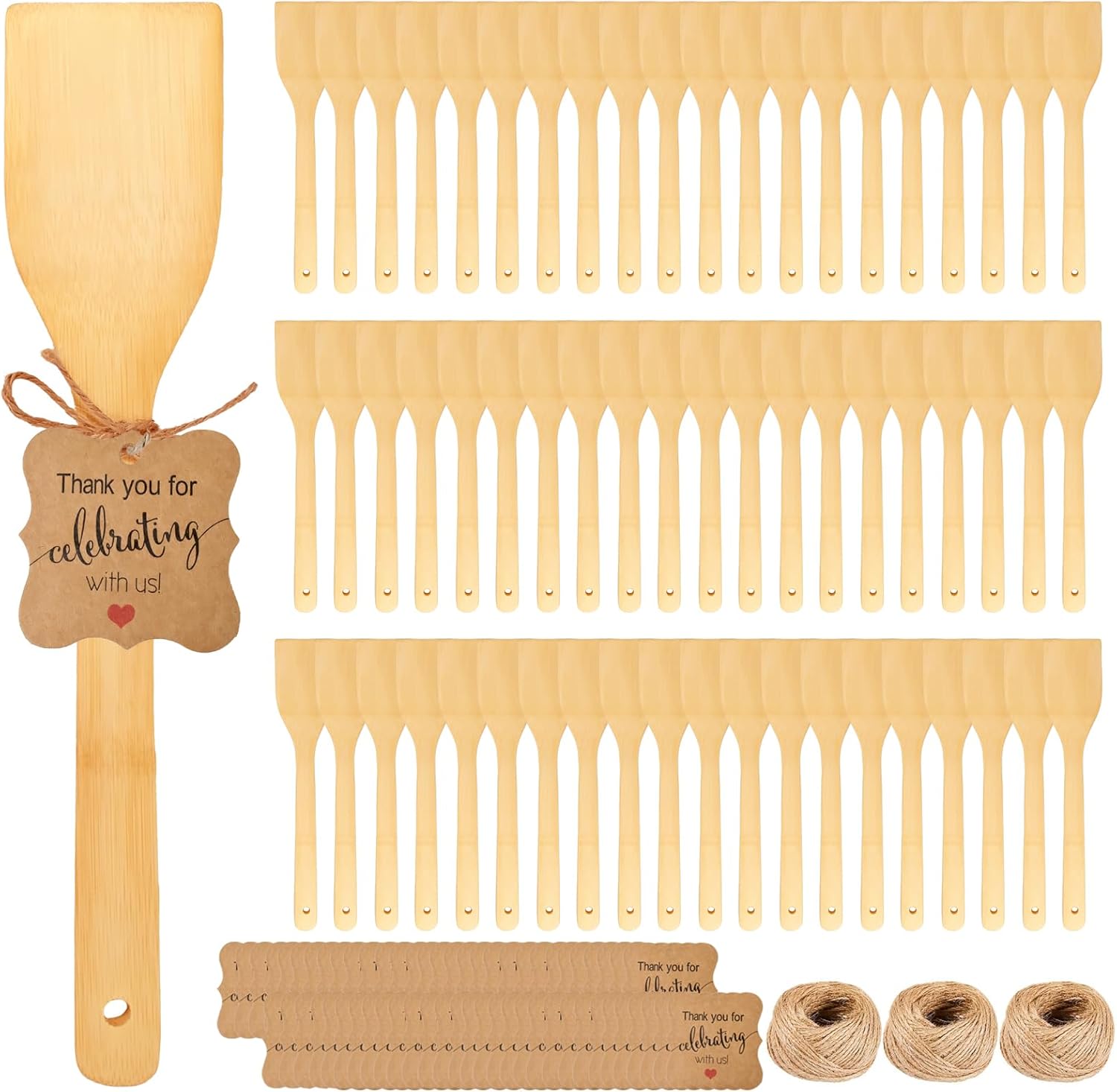 60 Sets Bamboo Spatula with Thank You Cards and Hemp Rope 12 Inch Flat Handle Cooking Wok Spatula for Kitchen Utensils Housewarming Party Birthday Wedding