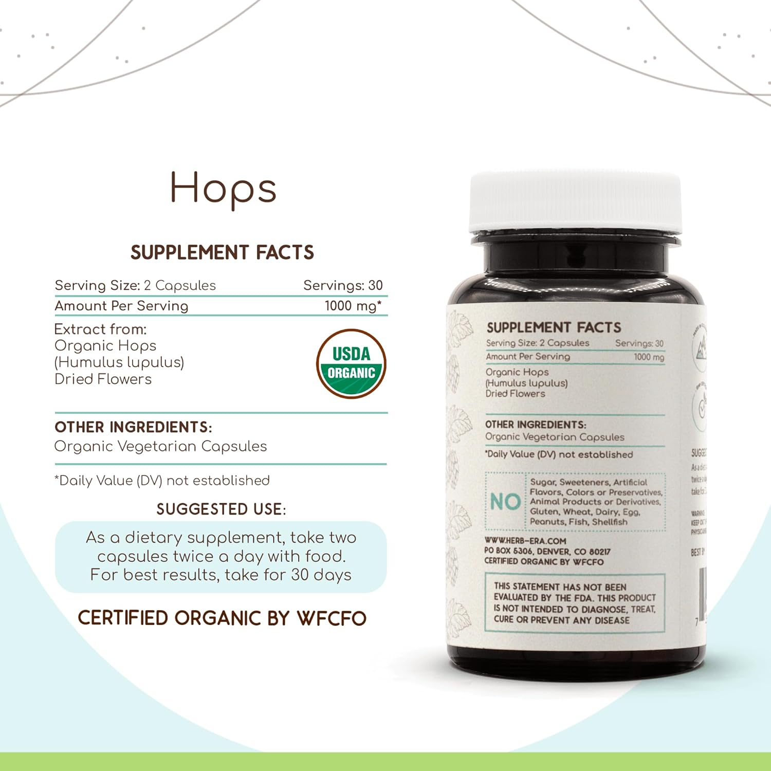 HerbEra Hops USDA Organic 60 Capsules | Natural Herbal Supplement | Certified Organic Vegetarian Capsules and Organic Hops (Humulus lupulus) Dried Flower (60 Capsules) - Image 3