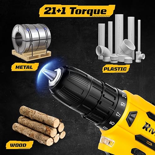 Miniatura 7 de Juego de taladro inalámbrico, 21+1 par de torsión, taladro eléctrico de 20 V con batería de 2000 mAh y cargador de 2 A, equipado con portabrocas sin