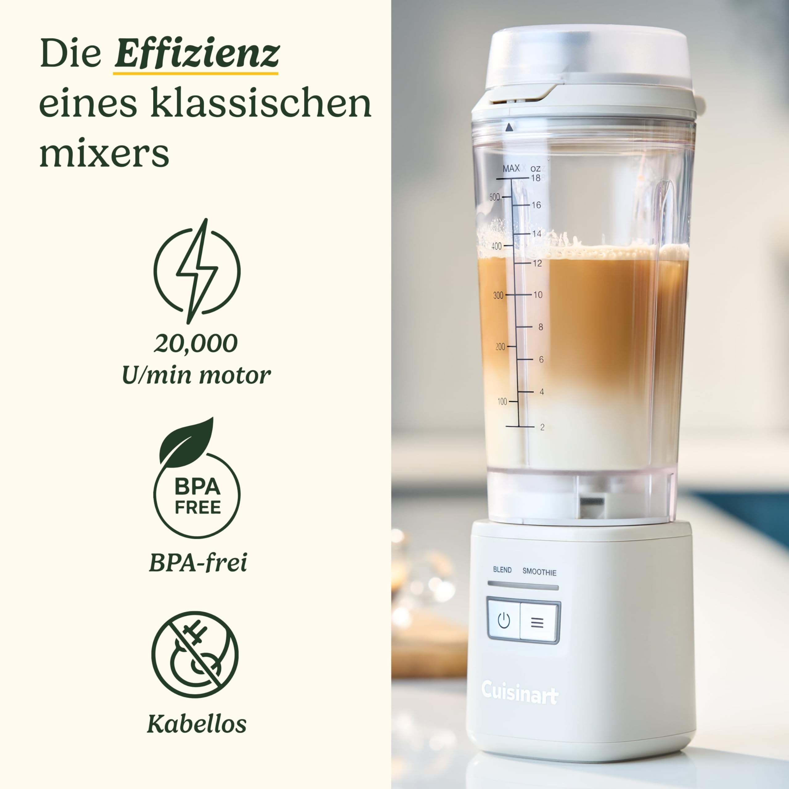 Cuisinart® Blast & Go Kabelloser Mixer | Wiederaufladbar per USB-C | 500 ml BPA-freier Reisebecher | 20.000 U/min Motor | 2 Programme: Mixen & Smoothie | Smoothies, Proteinshakes, Eis crushen, Milchsh