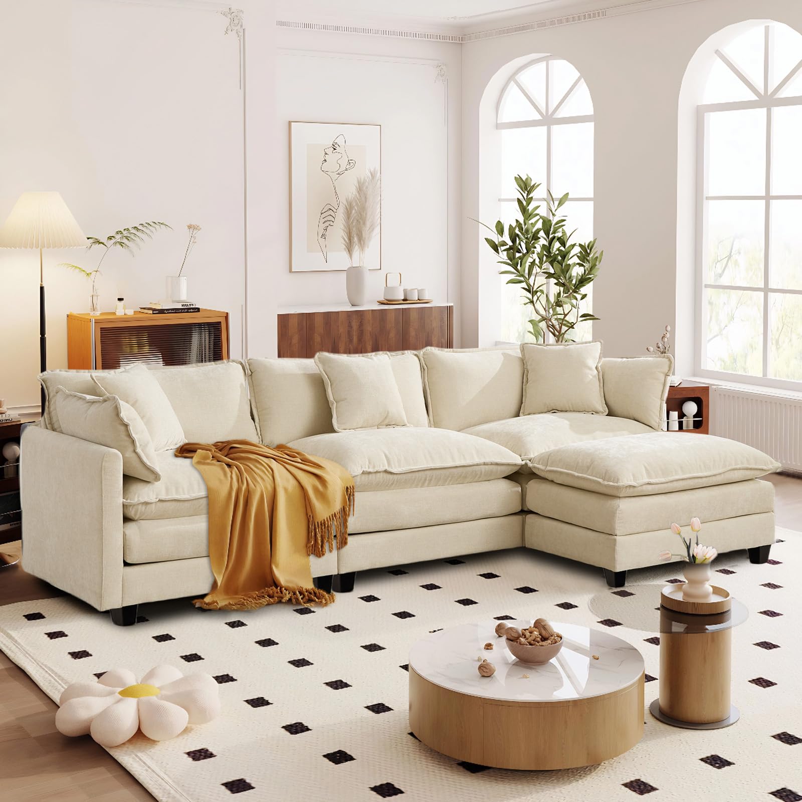 SoarFlash Sofá Moderno con reposabrazos, Tejido Chenilla, Cojines de Doble Relleno, Ideal para salón/Dormitorio/apartamento, sofá de 3 plazas en Forma L, Color Beige