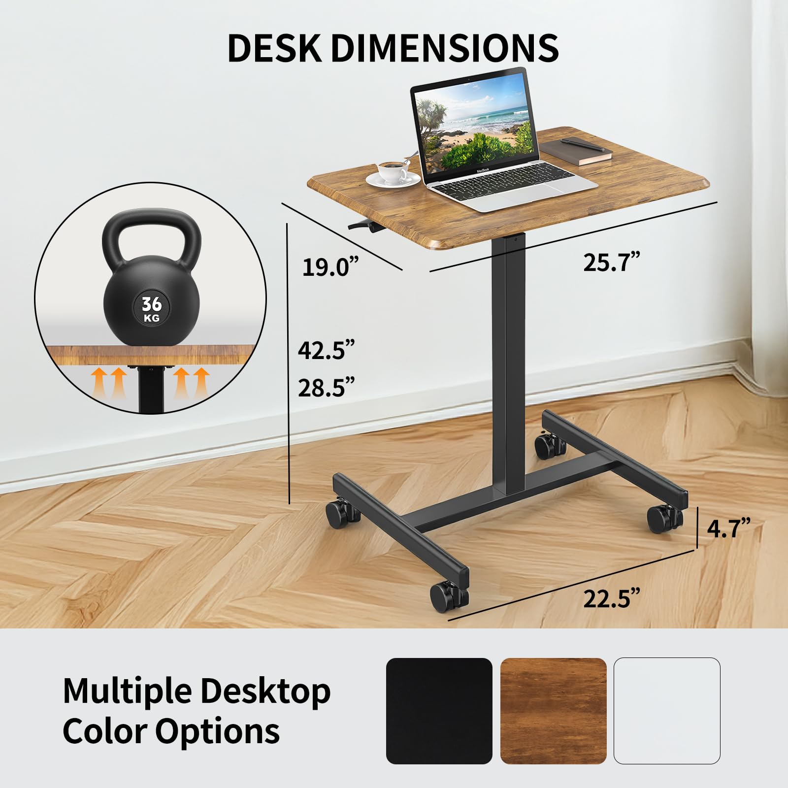 YSSOA Mobile Small Standing Desk - Rolling Desk with Adjustable Height and Lockable Wheels Sit-Stand Laptop Table Portable — view 3