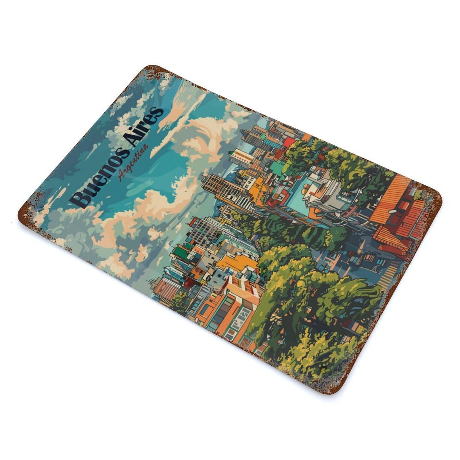 Buenos Aires Argentina Cityscape Illustration 11.8"x7.9" Rustic Tin Plaque, Novelty Wall Decor for Living Room, Hallway And Home Decor