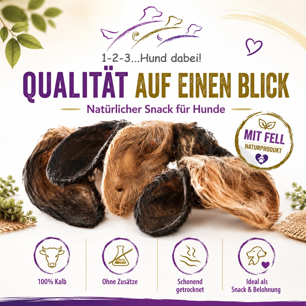 Orejas de ternero/vacuno con concha y piel XXL, secado suave, bien tolerado, limpieza gastrointestinal natural (100)