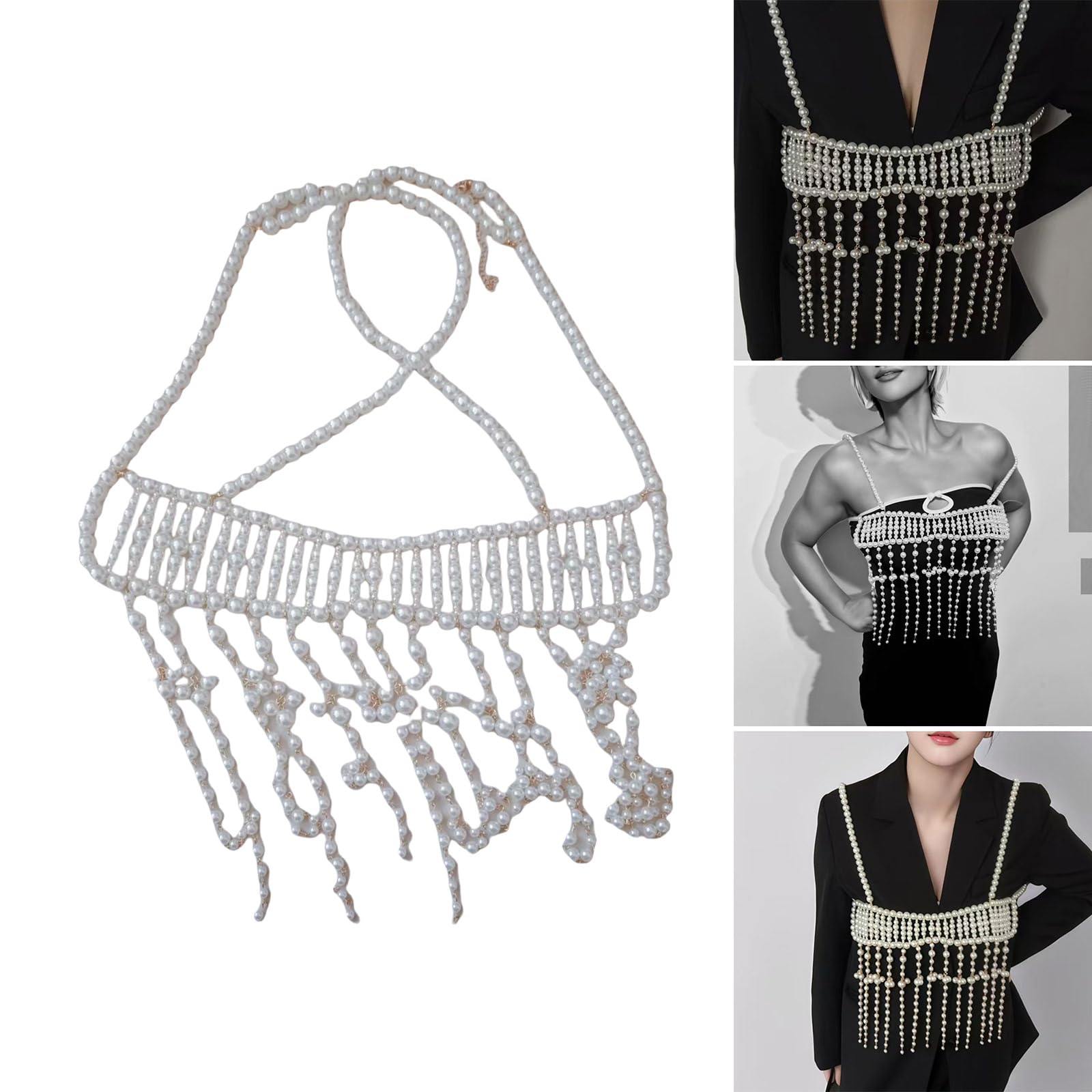 Elegante cadena de pecho de perlas con diamantes de imitación en capas de cristal, joyería para mujeres para fiestas y festivales