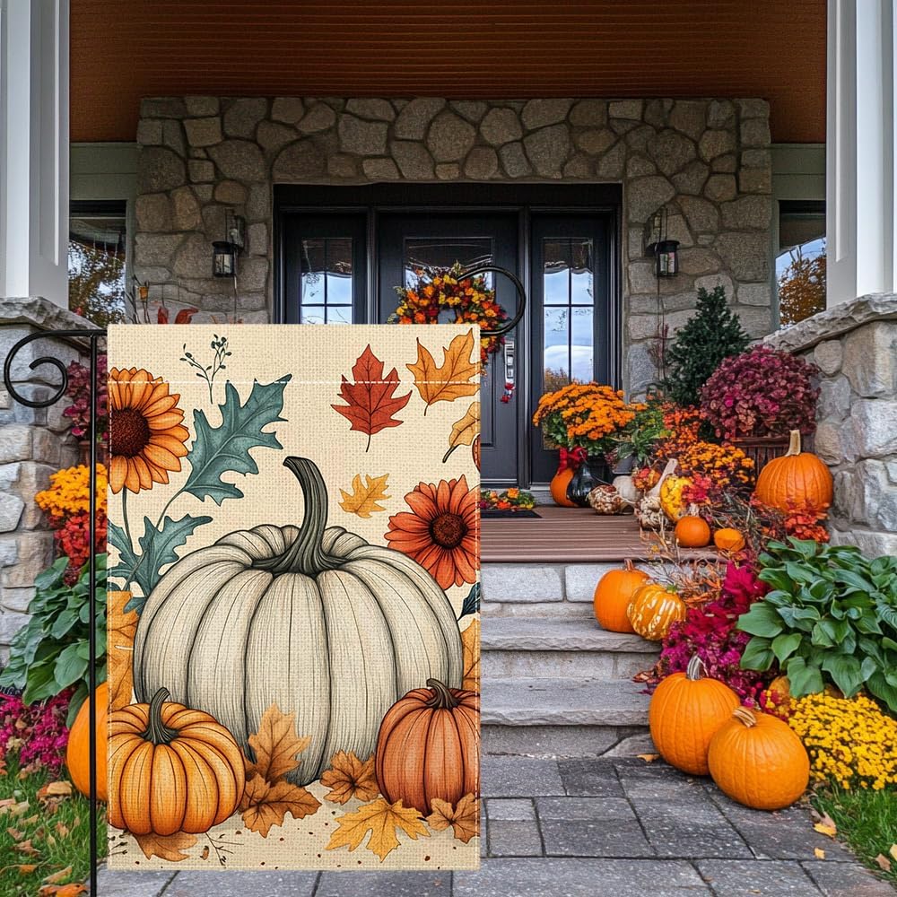 Fall Pumpkin Garden Flag 12x18 Inch Double Sided Thanksgiving Maple Leaves Sunflower Yard Outdoor Flag House Holiday Outside Decoration - Image 2