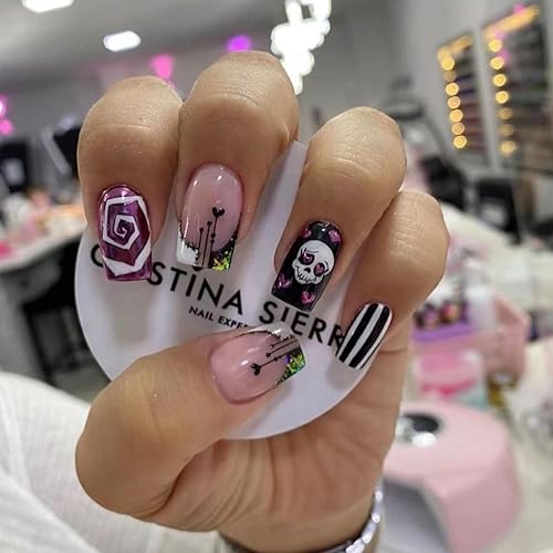 Miniatura 1 de Uñas postizas a presión para Halloween, uñas postizas cuadradas cortas con punta francesa, color rosa, cobertura completa, calavera de azúcar,
