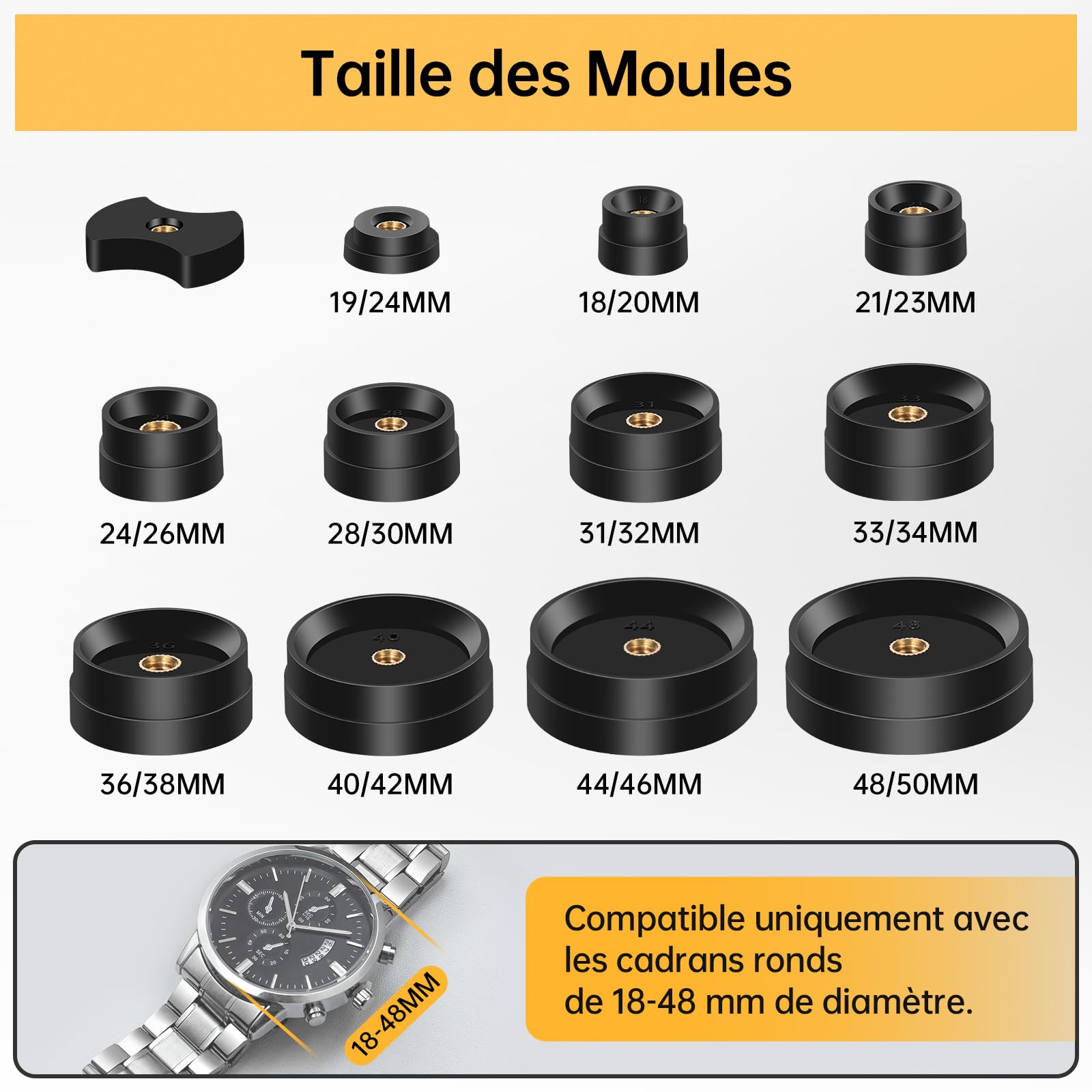 Eventronic Presse de Boîtier Montre, Outil Montre Pour Fermeture La Table Arrière De Montre 12 Tailles de Moules
