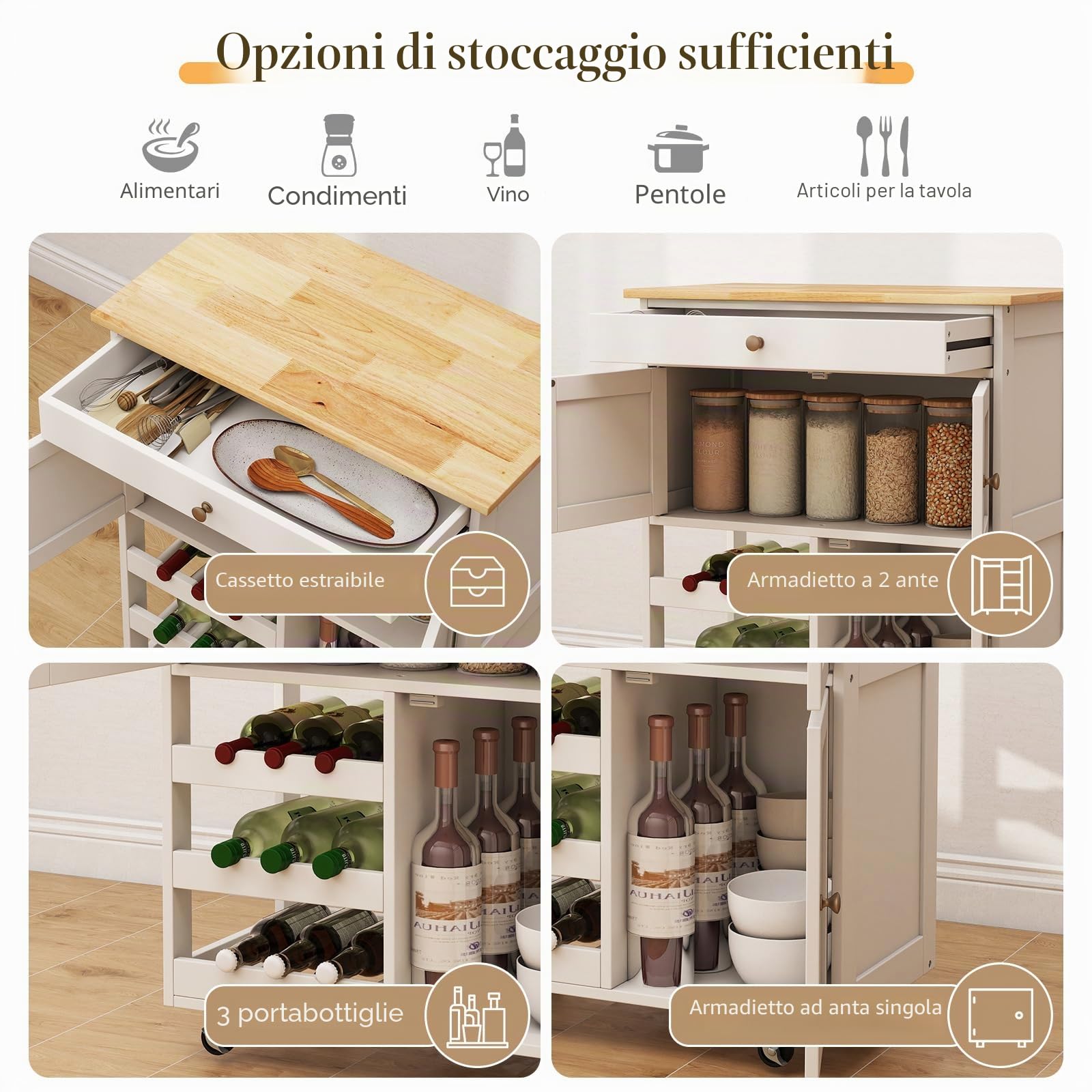 GIANTEX Carrello da Cucina Interno e Esterno, 1 Cassetto + 3 Ante + 3 Porta Vino, Credenza Mobile con 2 Ruote Bloccabili, Salvaspazio, Portata di 30 kg, 67x37x86 cm, 2 Colori (Bianco)