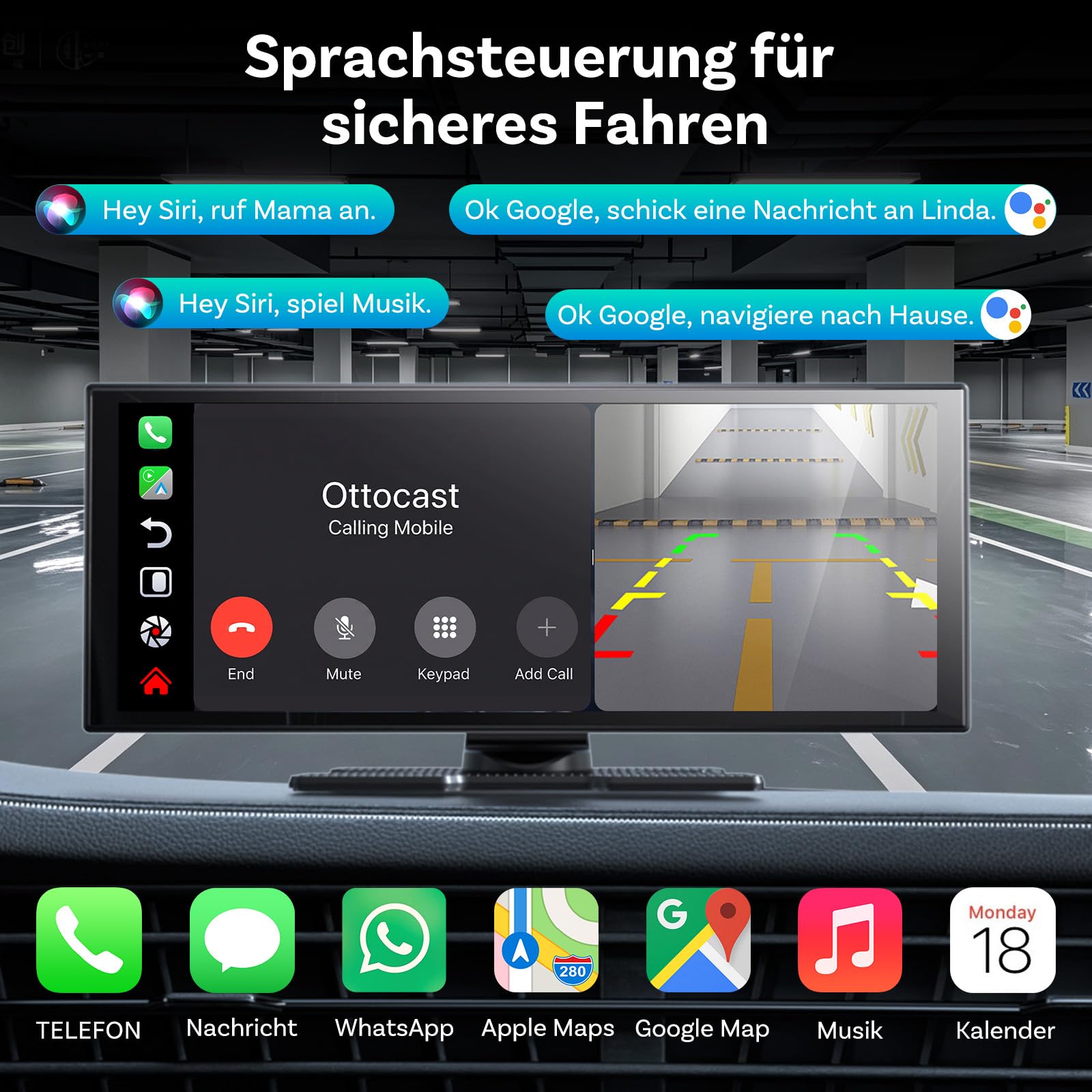 OTTOCAST ScreenFlow 11,4 Zoll kabelloses CarPlay & Android Auto Display | Auto Monitor mit Split-Screen, 1080P Rückfahrkamera, Dual-WLAN & Bluetooth, Netflix/YouTube, Universal für PKW, SUV & LKW