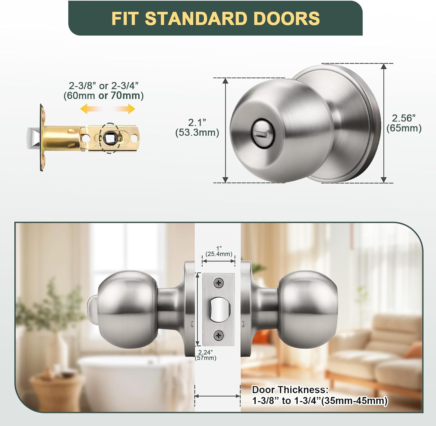 10 Pack Bathroom Door Knob, Door Knobs Interior Without Keys, Brushed Nickel Door Knobs for Bedroom and Office, Privacy Function, Modern and Sturdy Finish