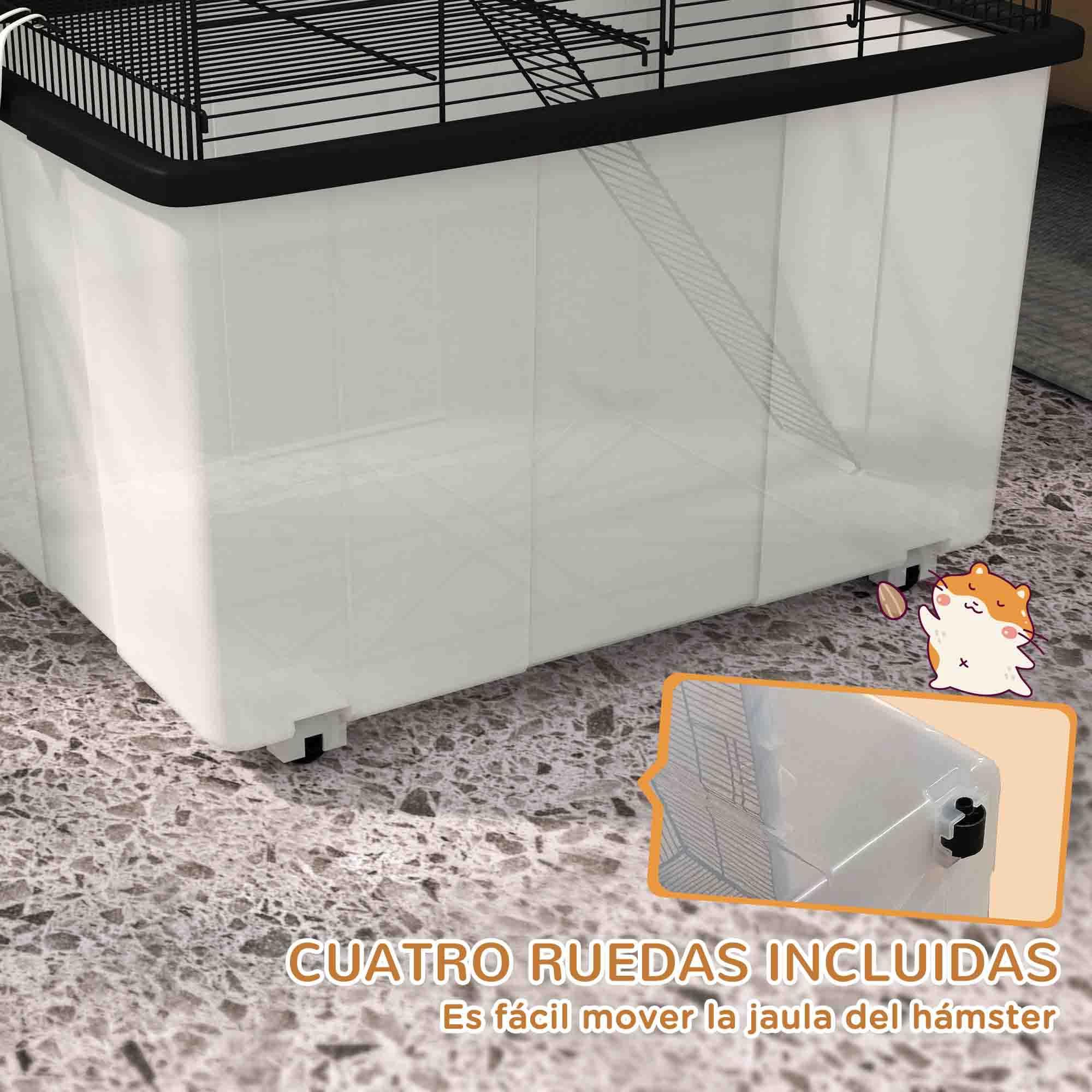 PawHut Jaula para Hámster Casa para Animales Pequeños con Fondo Profundo Plataforma Cuenco Bebedero Rampa y Ruedas 57x43x57 cm Negro