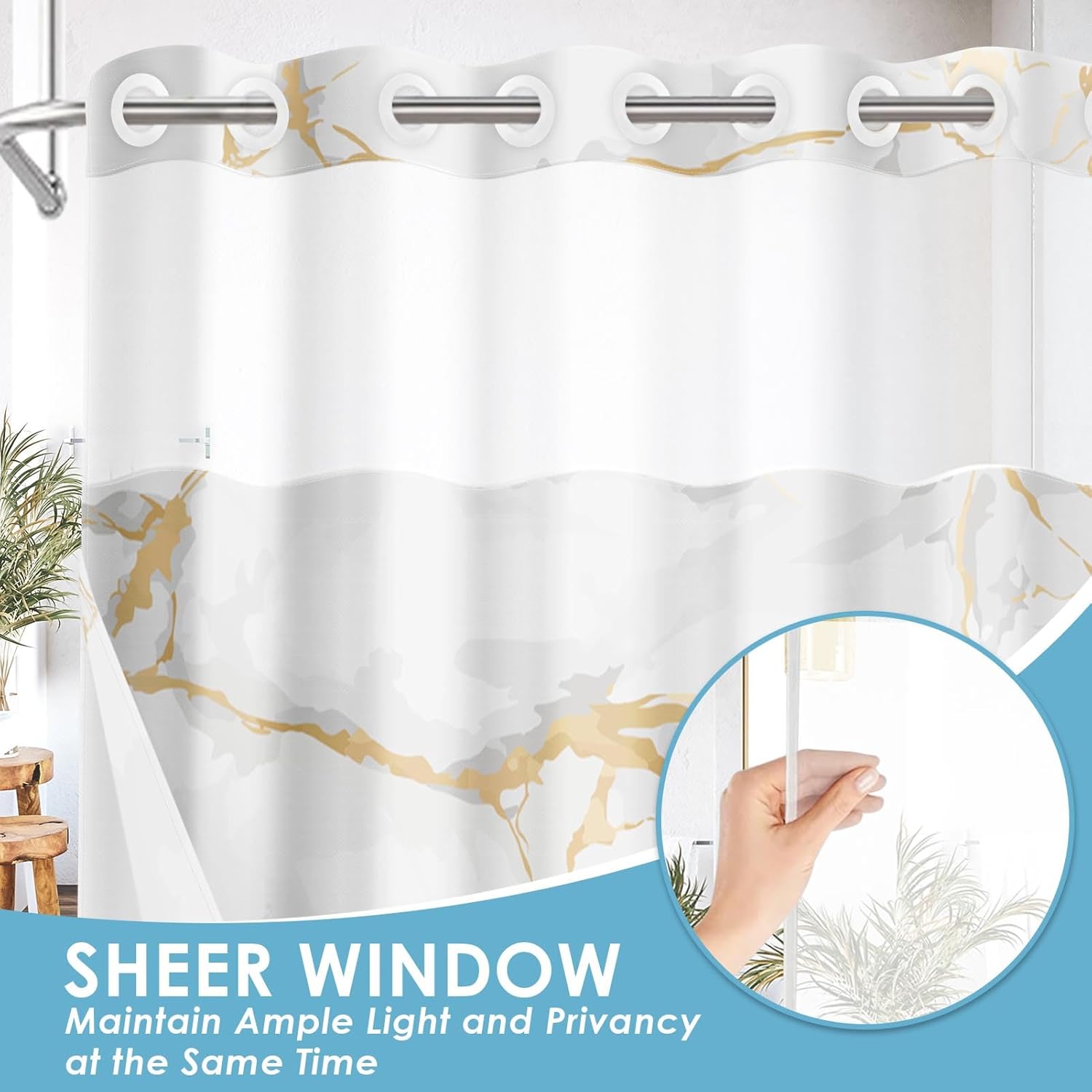 No Hook White Marble Golden Shower Curtain with Snap in Fabric Liner Set, Geometric Luxury Double Layers Waterproof Fabric with See Through Top Window Open Grommet Bath Curtain 71x74 Inch