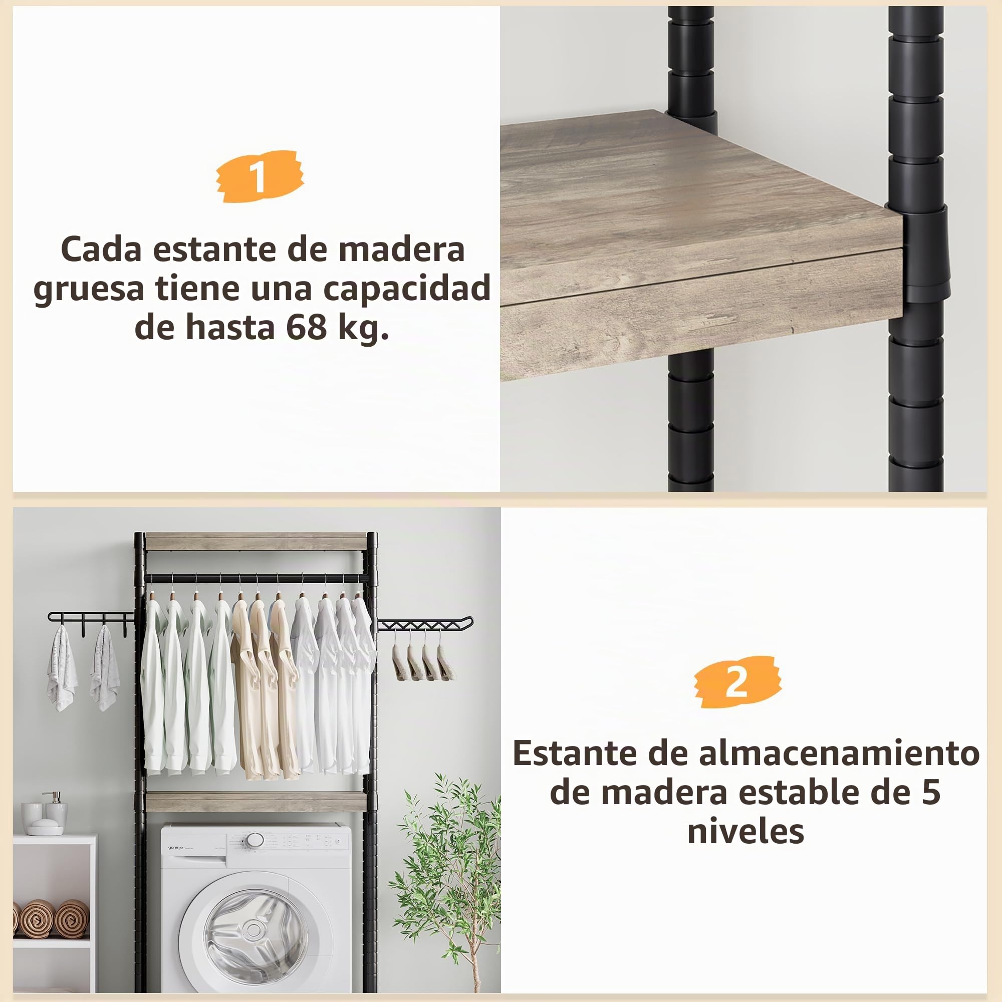 Garvee Estante De Almacenamiento De Lavadora, sobre La Lavadora y Secadora, Estantes De Madera Que Ahorran Espacio con Altura Ajustable para Baño, Lavandería y Balcón, 79x30x188 cm