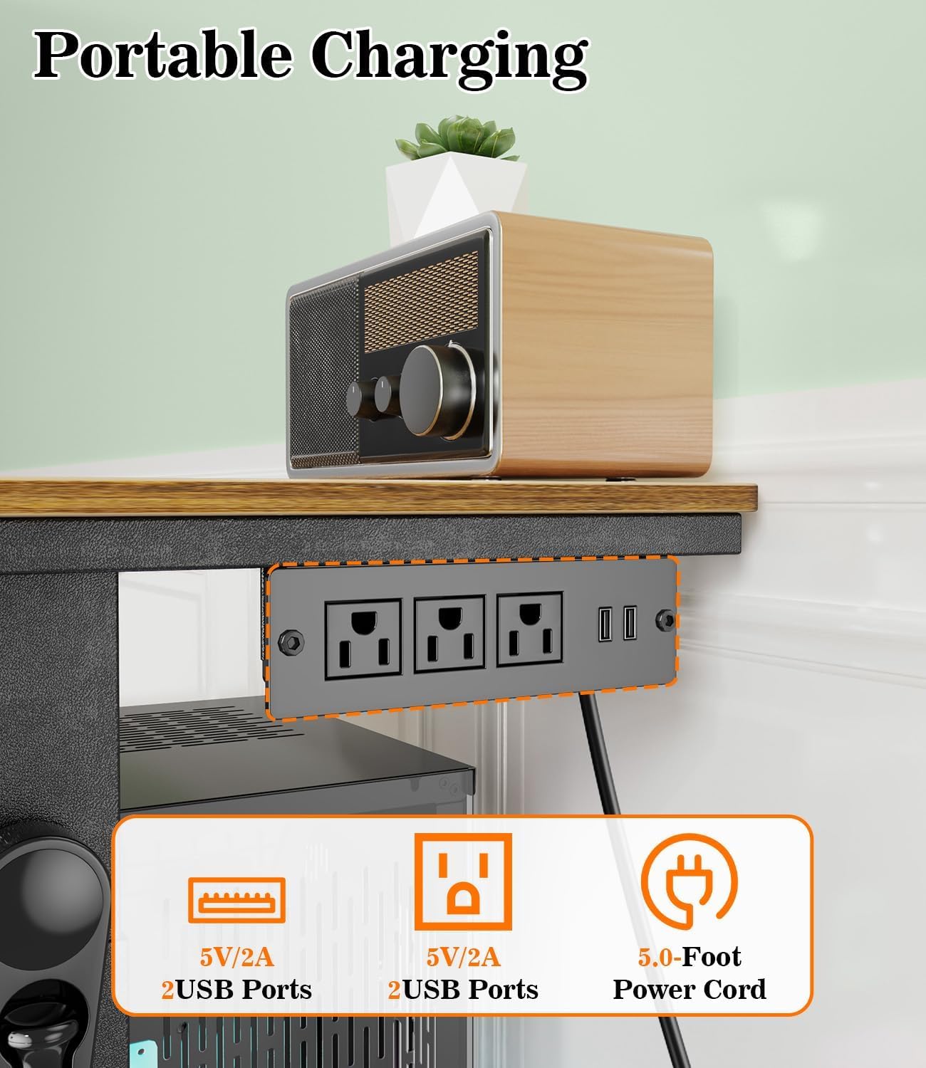 Computer Tower Stand with Charging Station & USB Ports - Adjustable Height PC Stand 2-Tier, Under Desk for ATX-Case with Wheels, CPU Holder for Office, Home, Gaming Room