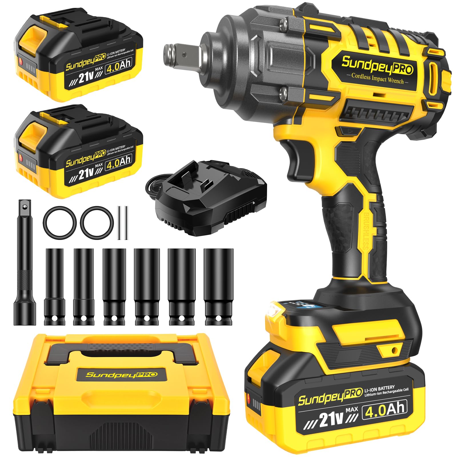 Avvitatore a Impulsi 1300Nm, 21V Avvitatore ad Impulsi 1/2", con2 Batterie 4.0Ah, Motore Brushless e 3 Velocità + Modalità RSS, Cassetta & Accessori, Per Auto, Cantieri & Fai da Te