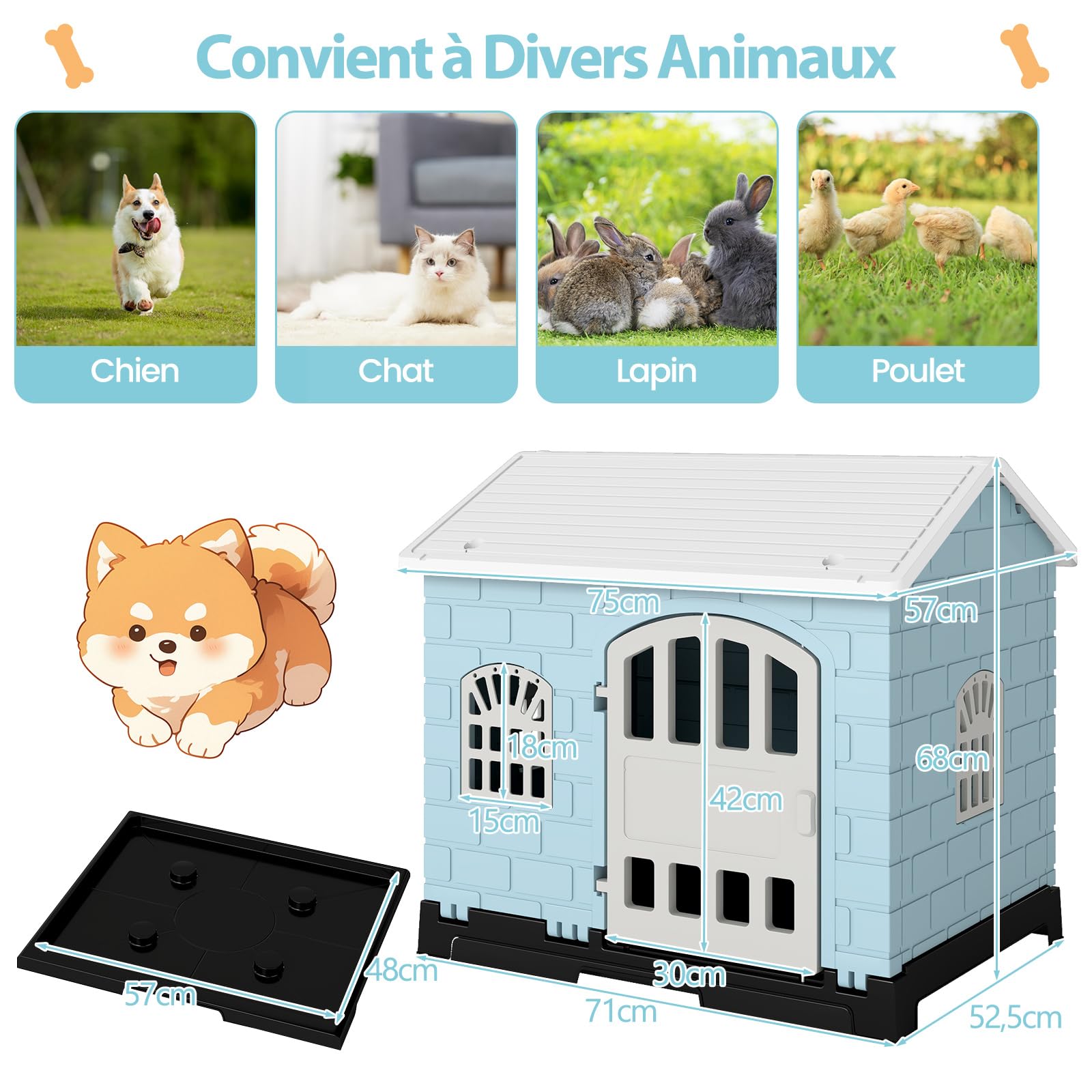 COSTWAY Niche pour Chien Pliable Exterieur Interieur, Plateau de Toilette Amovible, Porte Verrouillable, Cage Chien Chat en PP, 3 Fenêtres, Toit Incliné, pour Chiot Chat Lapin (75 x 57 x 68 cm,Bleu)