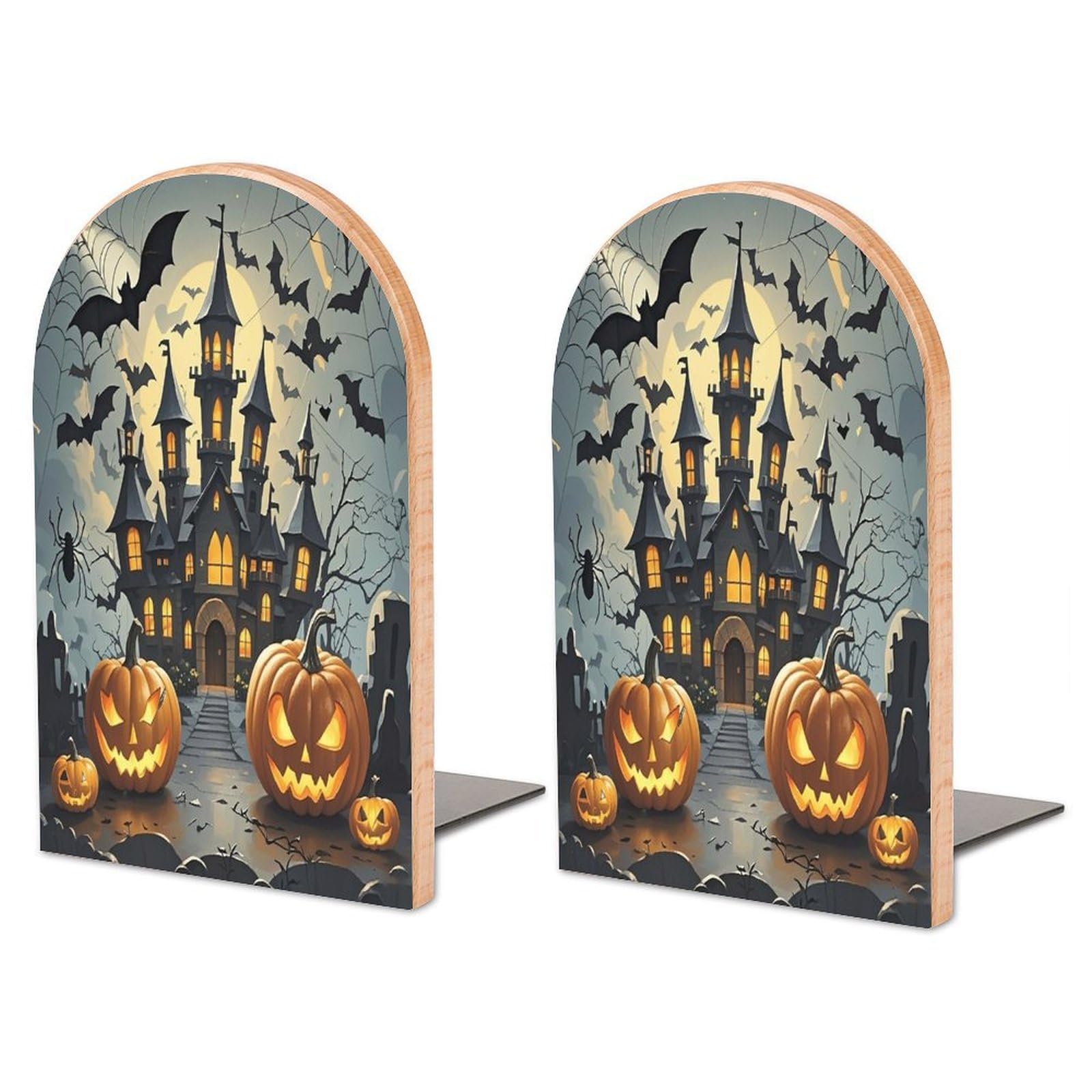 Pumpkin Lantern Castle Bookend for Shelves Non-Skid Book Holder Modern Heavy Duty Bookend Stopper Metal Base Wood Book End Books Shelf Holder Home Decorative 1pair 6.7x3.9x4.7
