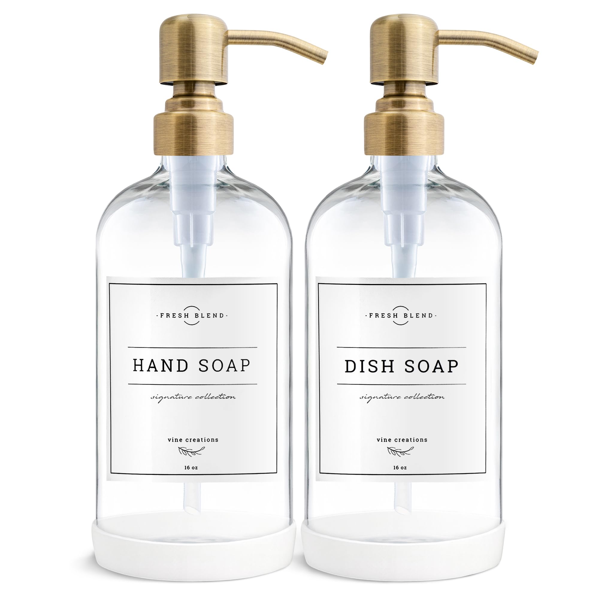 Vine Creations Clear Glass Soap Dispenser 2 Pack, Thick 16oz Bottles Rustproof Stainless Steel Pump, Kitchen Bathroom Accessories, Hand Soap Dish Soap Dispenser, with Waterproof Labels (Brushed Brass)