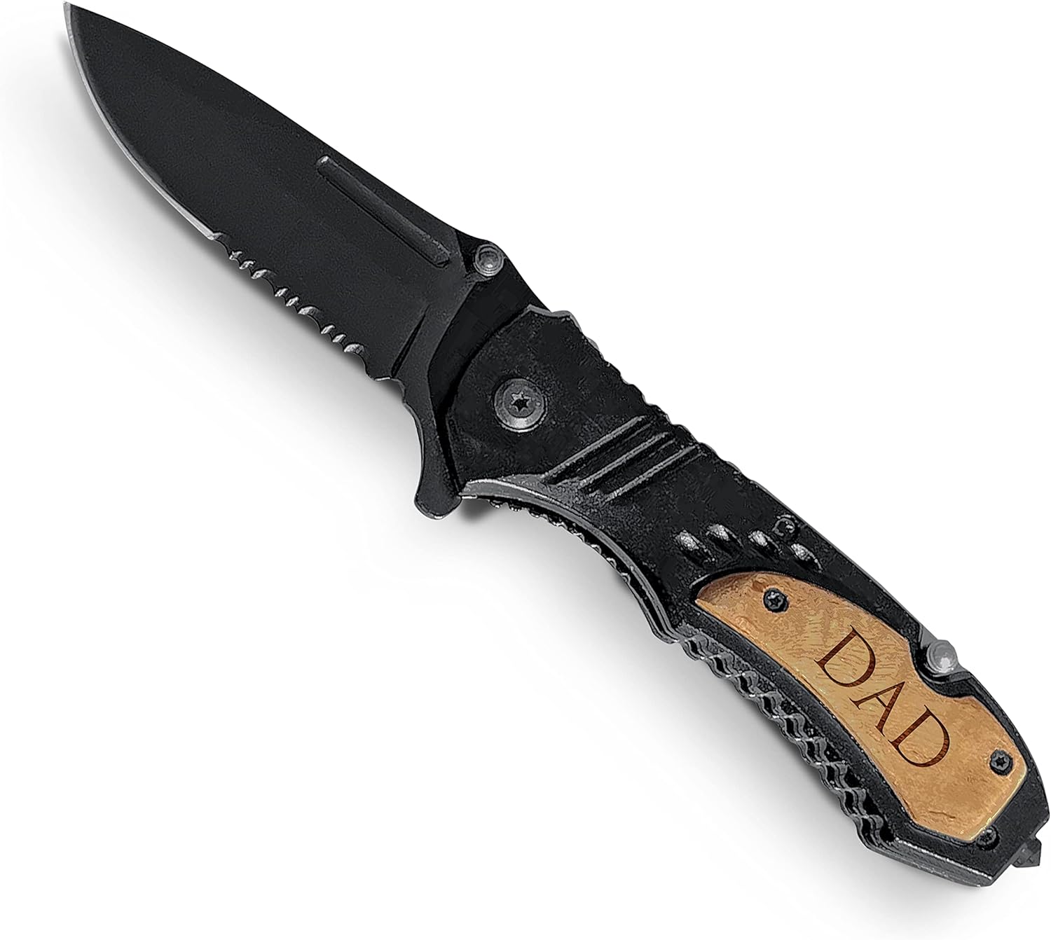 Premium Laser Engraved Folding Pocket Knife Wooden Handle and Gift Box, Foldable Camping Knife for Dad, Fathers Day
