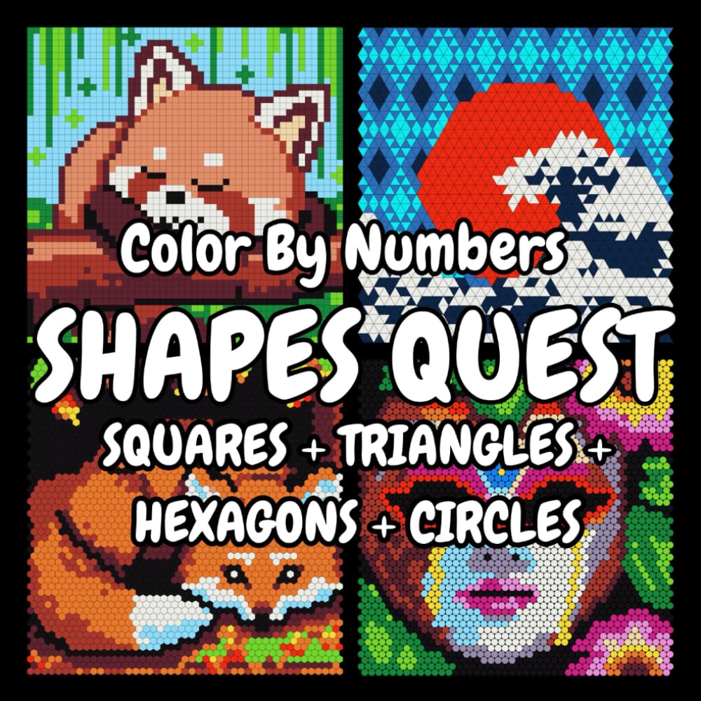 QUEST Color By Numbers: Squares + Triangles + Hexagons + Circles: Mystery Mosaic Color By Number Book Color Quest Activity Book For Adults (Black Background) (Color By Number Shapes Quest)