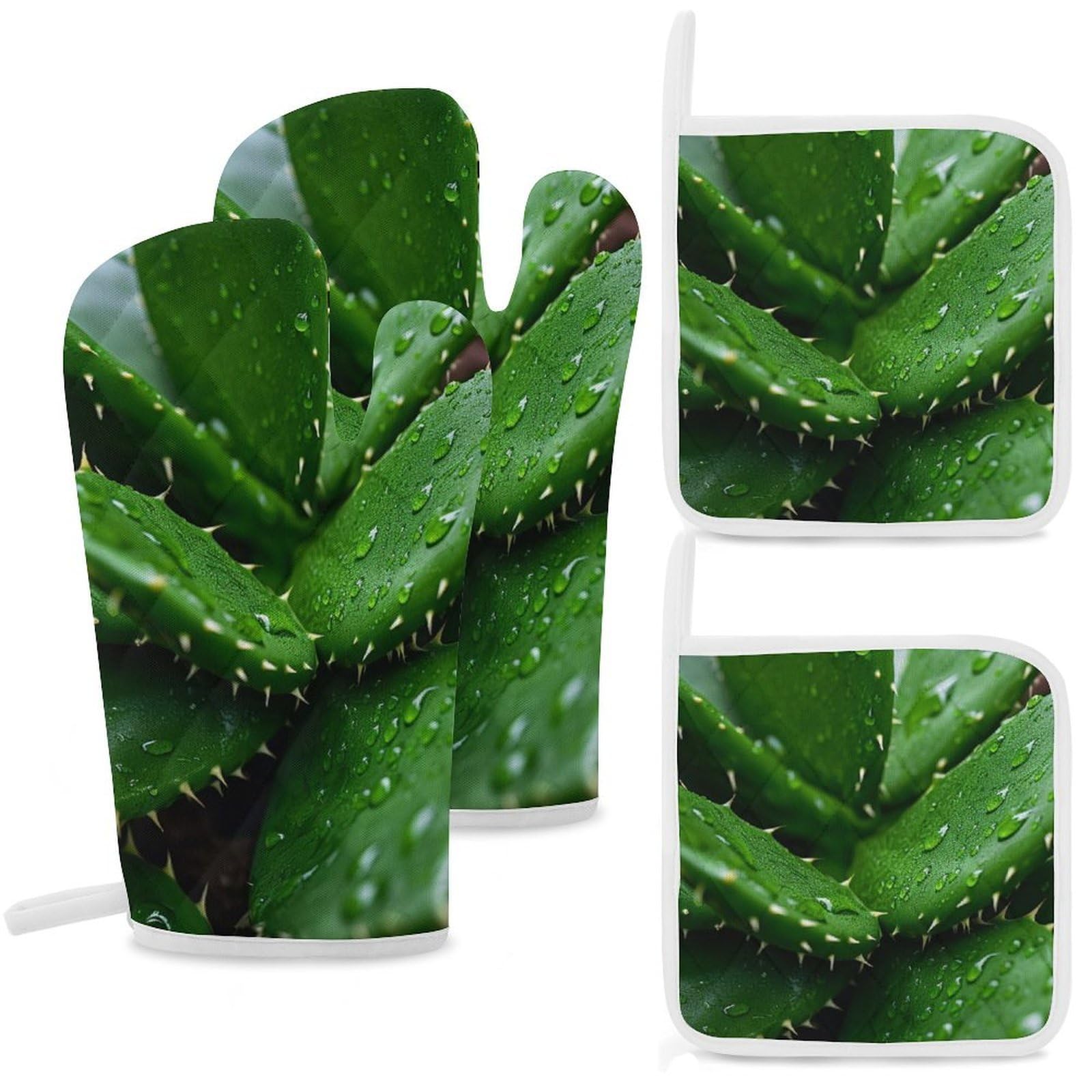 Oven Mitts and Pot Holders Set of 4 Heat Resistant Non-Slip Kitchen Gloves Hot Pads Cactus Plant Mittens Gloves Non-Slip Potholders for Cooking Baking Grilling BBQ