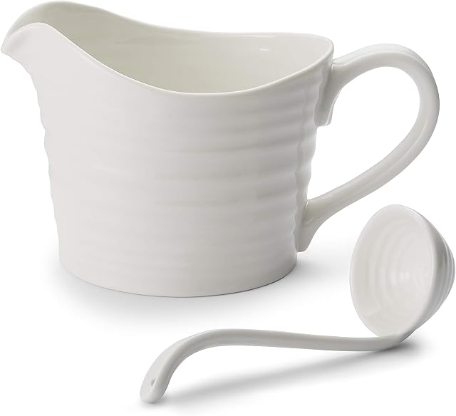 Portmeirion Home & Gifts CPW78895-XP Sauce Jug & Mini Ladle, Porcelain, White, 18.5 x 11 x 13 cm