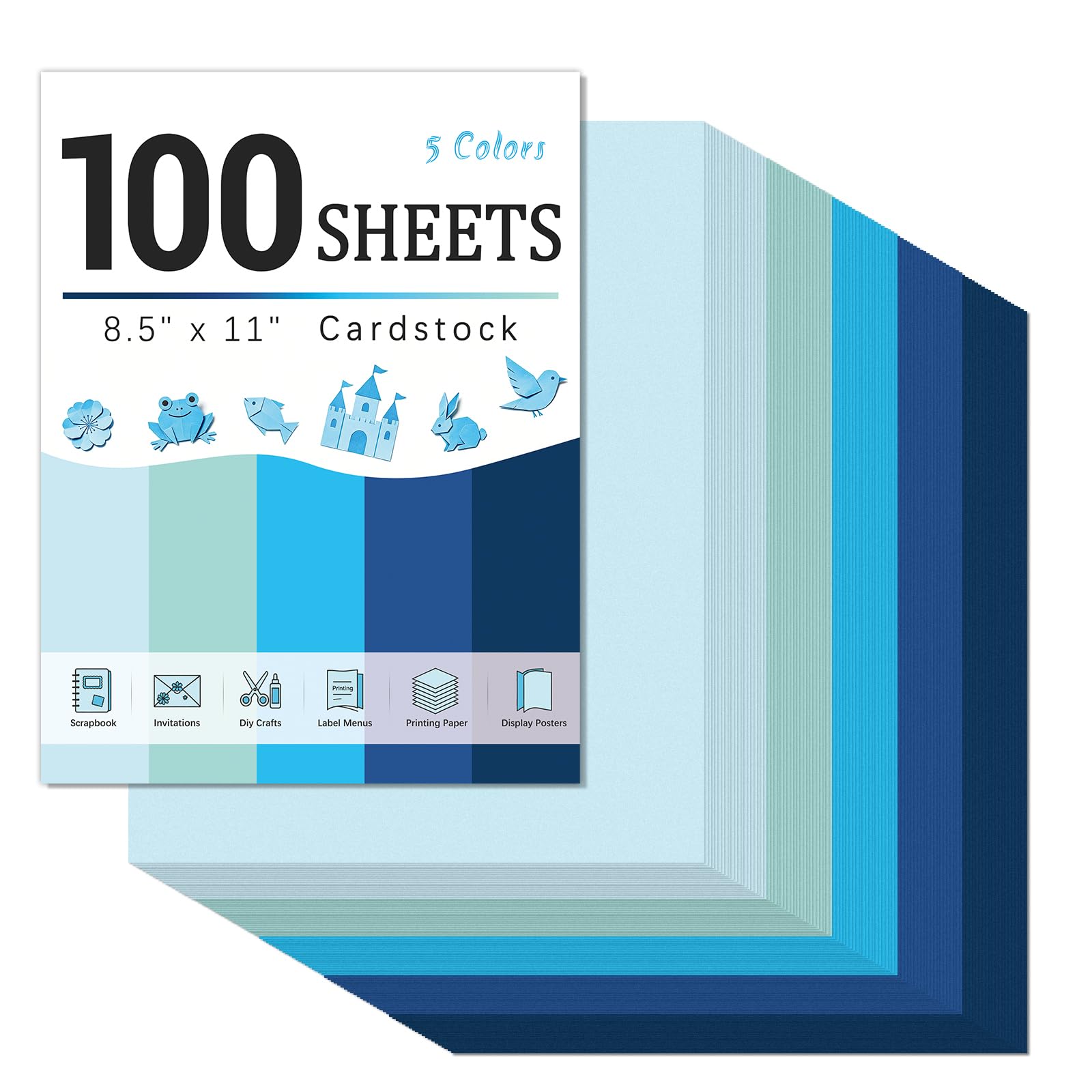 100 Sheets 180GSM Coloured Card A4, 5 Assorted Thick Blue Card