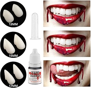 Vampire Teeth Fangs Halloween Makeup - Vampire Accessories 3 Sizes Vampire Fangs Teeth with Fake Blood Adhesive , Halloween Decoration Costume Props Dress Up Accessories for Cosplay Halloween Party